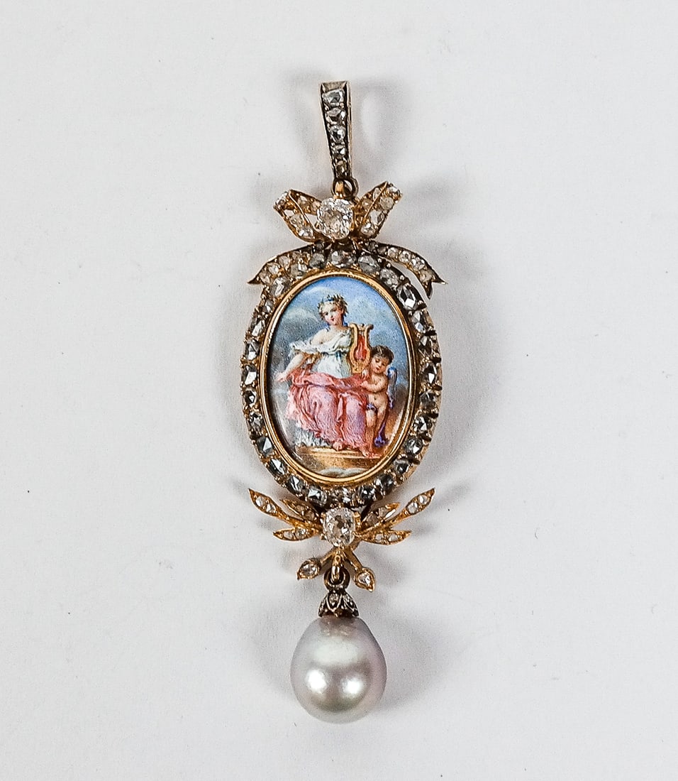 Antique Enamel, Diamond and Natural Pearl Pendant (1 of 9)