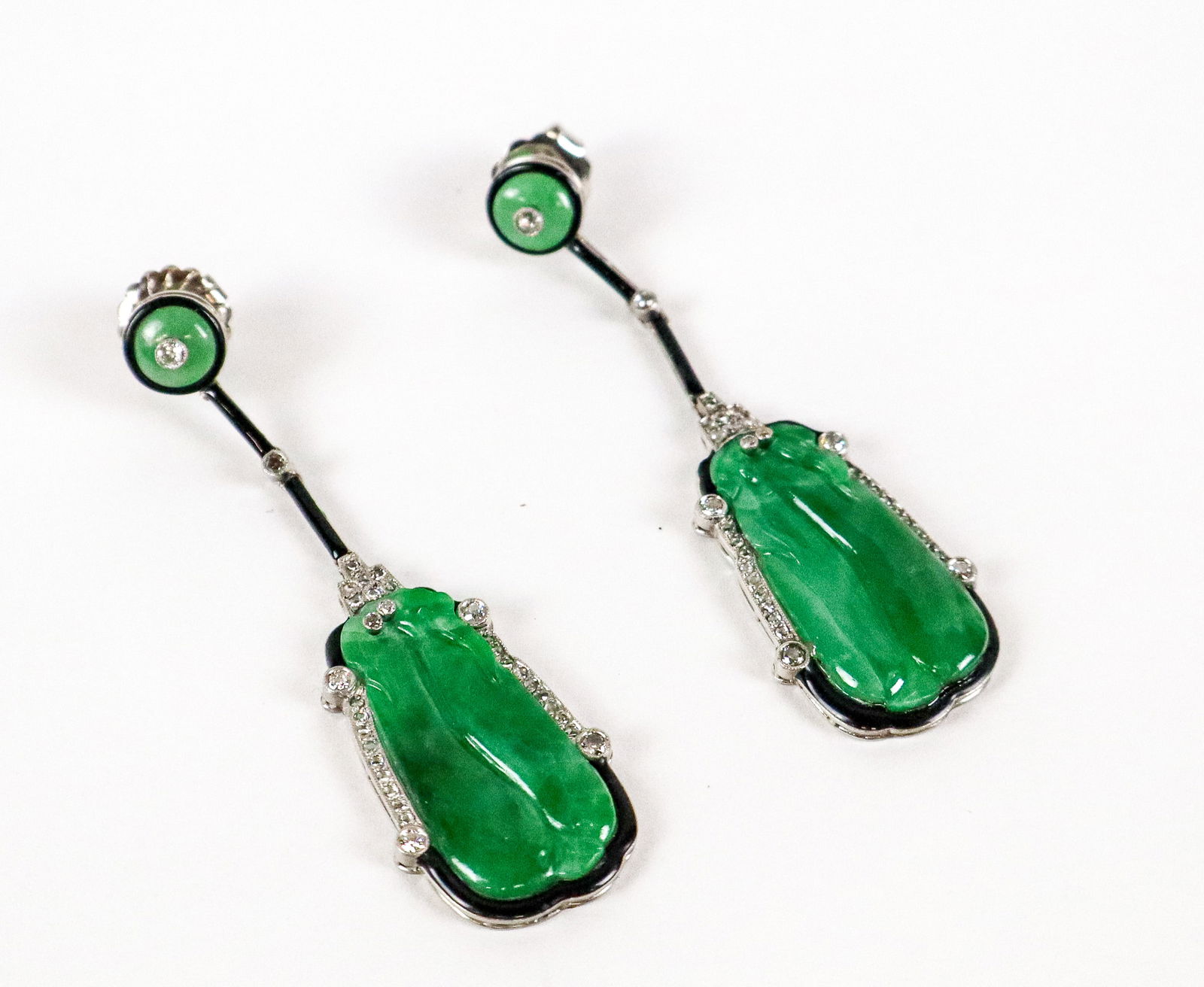 Pair of Carved Jade and Diamond Ear Pendants (1 of 10)