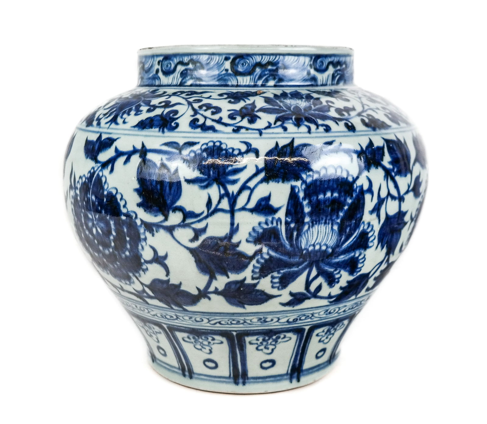 Ming Dynasty Qinghua Blue and White Porcelain Vase: Chinese Ming Dynasty Qinghua blue and white porcelain vase, possibly Xuande period, with friezes of hand-decorated foliate design and cloud decoration, unmarked; accompanied by modern case. [12" H x