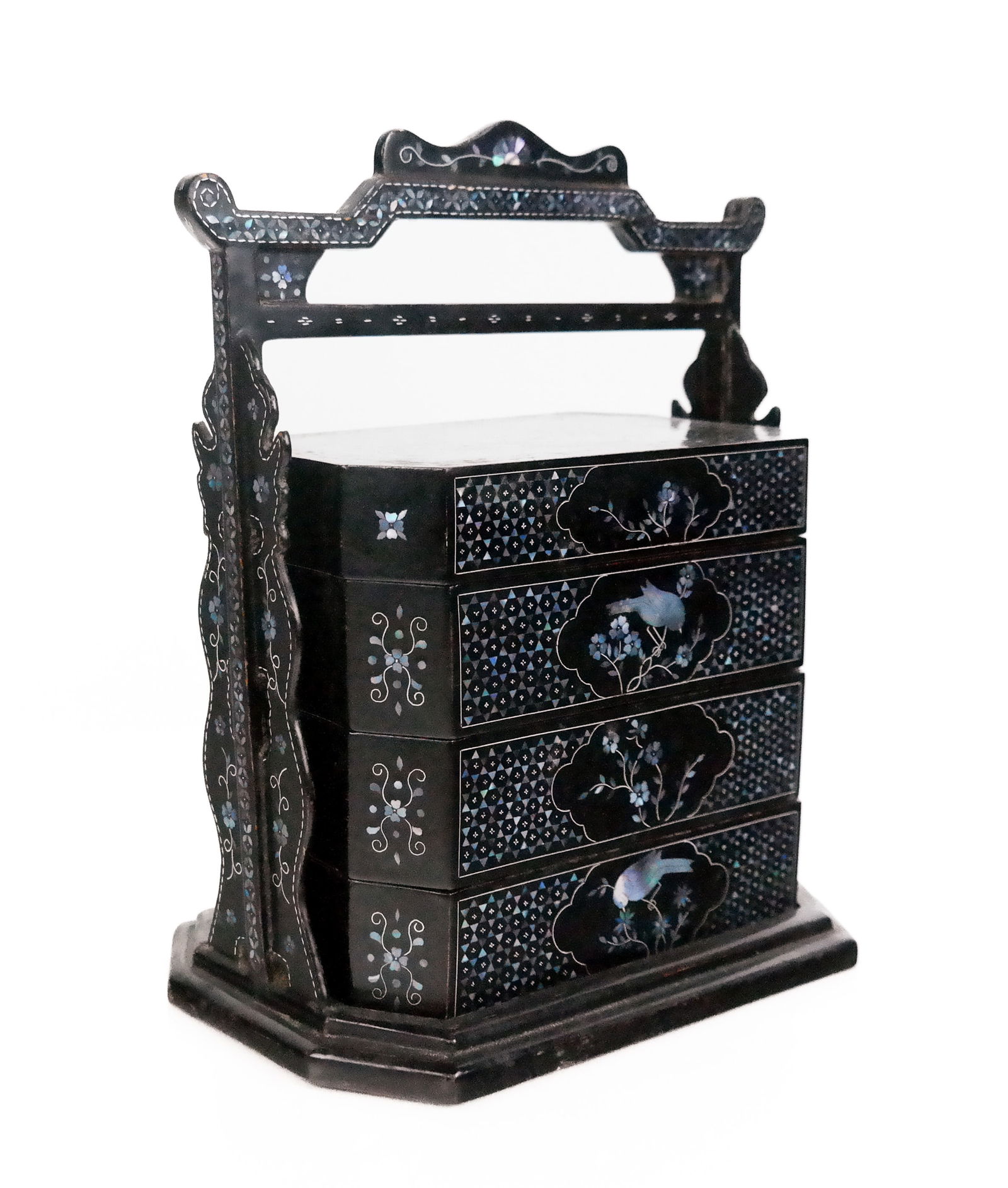 Chinese Lac Burgaute Stacking Box with Stand: Chinese lac burgaute and mother of pearl inlaid lacquer box, late Qing Dynasty, 19th century, with floral and bird decoration, on a stand. [11" H x 9" W x 6" D]. Condition is good with some areas of