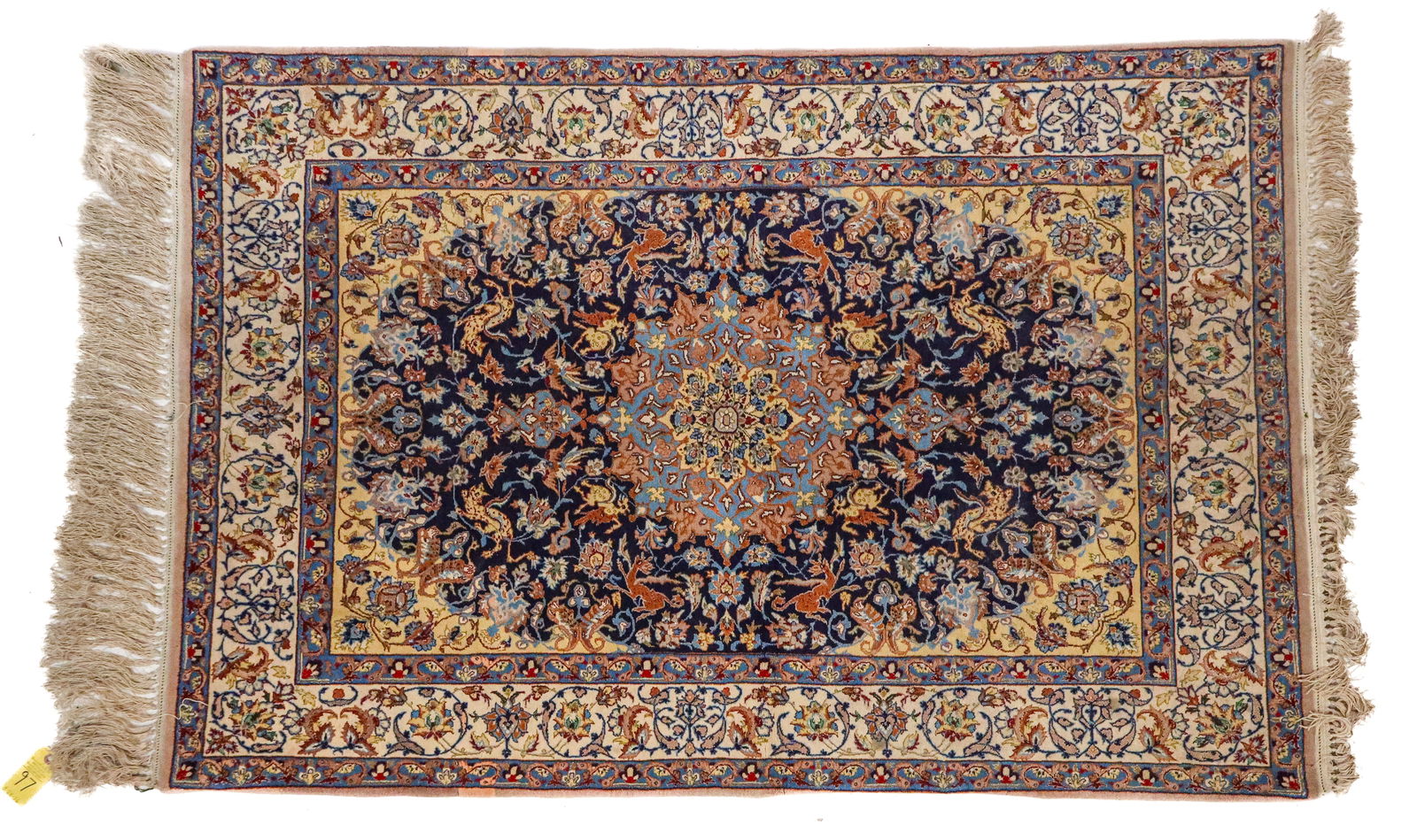 Finely Woven Persian Rug 3'6" x 5'1": Finely Woven Persian Rug 3'6" x 5'1"; Of Nain or Qum very fine weave, a small multi point light blue star medallion surrounded by a dark blue field with flowers and tan corners, with an ivory color