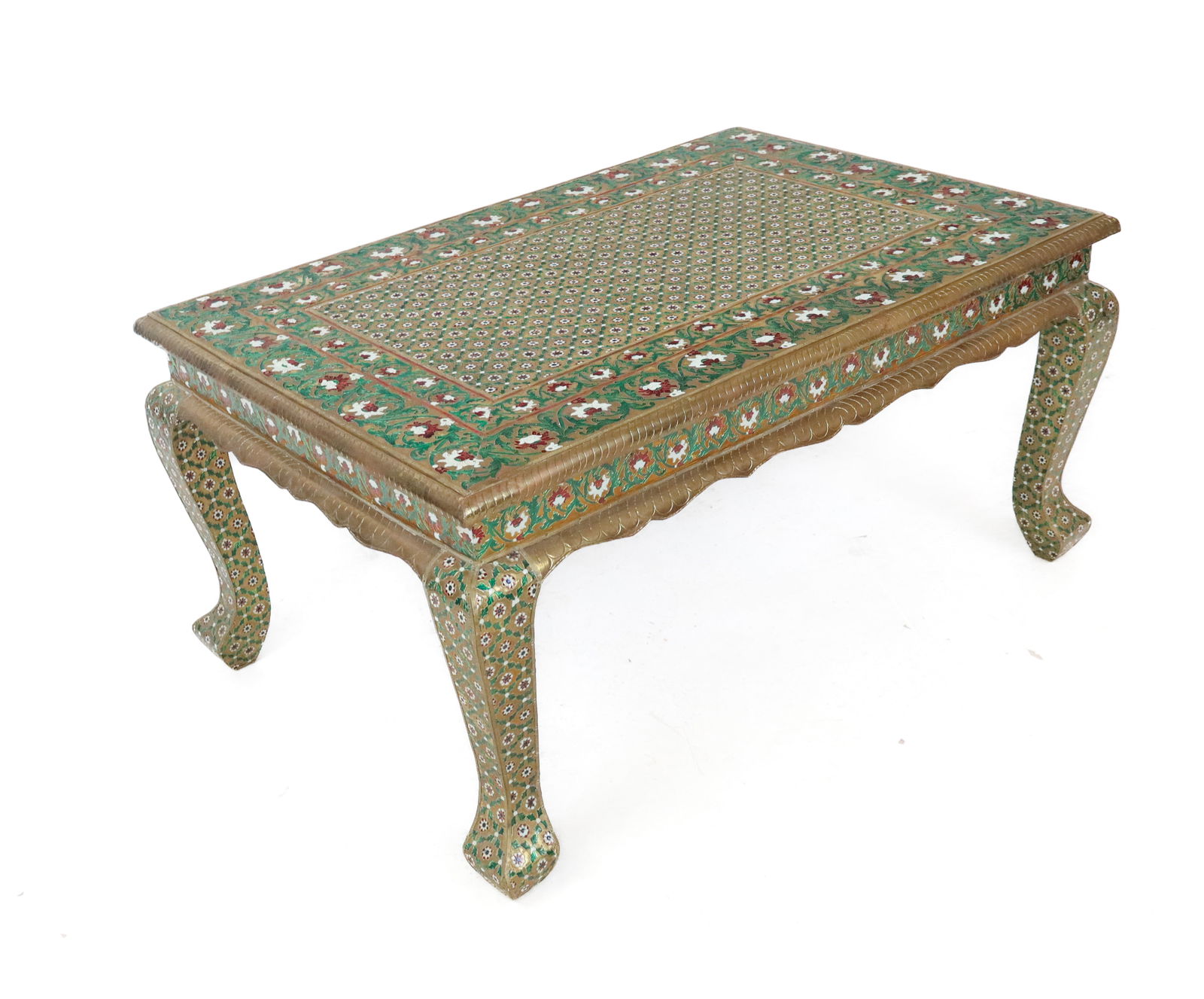 Indian Enameled Metal Low Table: Indian low table with allover finely applied flower and leaf embossments in white, red and green enamels. [18" H x 24.5" W x 36.5" D]. Very good condition, no issues seen.