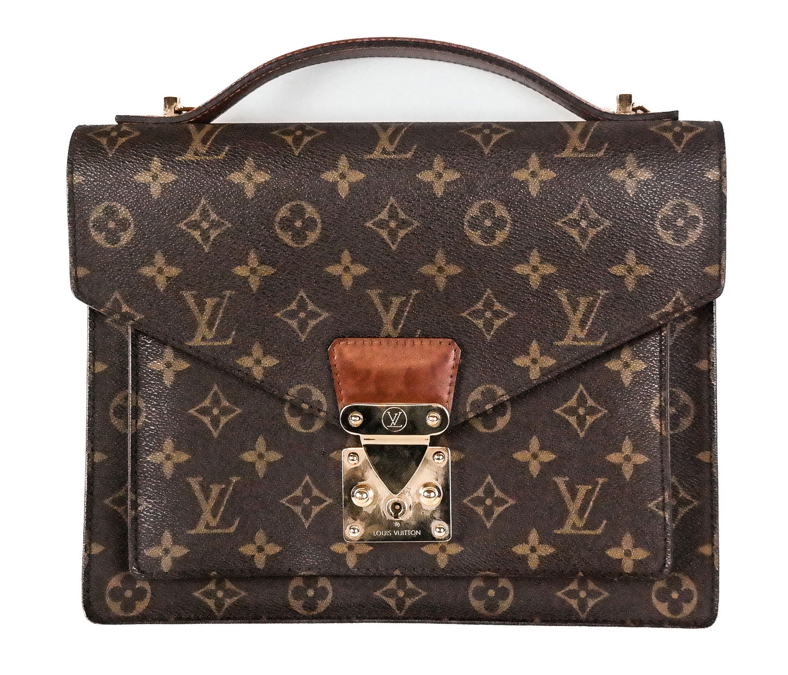 Louis Vuitton Monogrammed Monceau 28 Handbag: Louis Vuitton Monceau 28 handbag, 20th century, with monogrammed design and leather accents, hardware marked LV and Louis Vuitton at outer, and with Louis Vuitton Made in France to interior, with a po