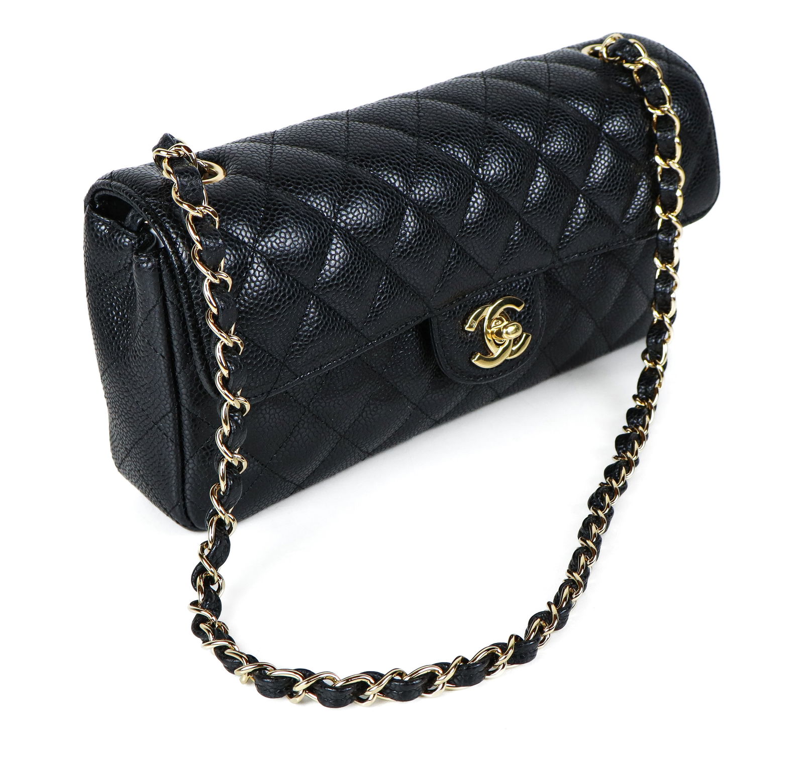 Chanel Caviar Leather Medium Classic Flap Handbag: Chanel caviar leather "Classic Flap" handbag, medium, with a gold plated double C Mademoiselle clasp, hallmarked and with Chanel France to reverse, a pocket to reverse exterior, a gold tone and