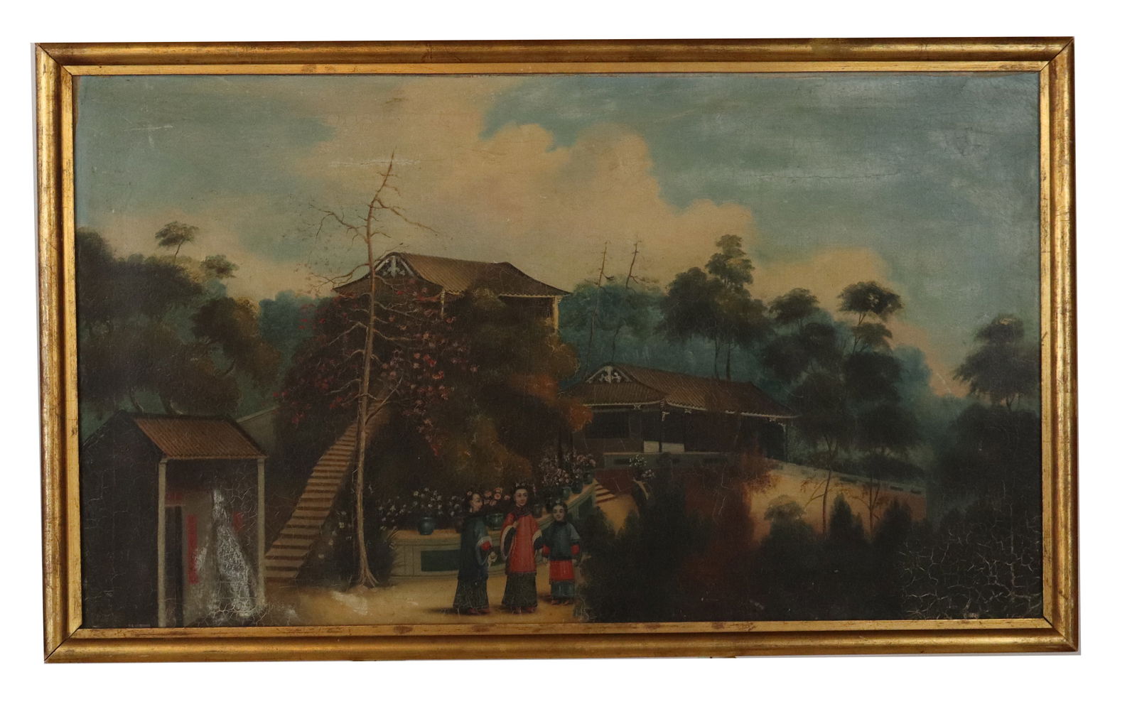 Chinese Export Landscape Oil on Canvas: Chinese Export oil on canvas of a landscape with a house in two tiers, and figures in front center. [Art :17" H x 29.5" W; Frame: 19" H x 32" W]. Fair condition with heavy craquelure in large areas,