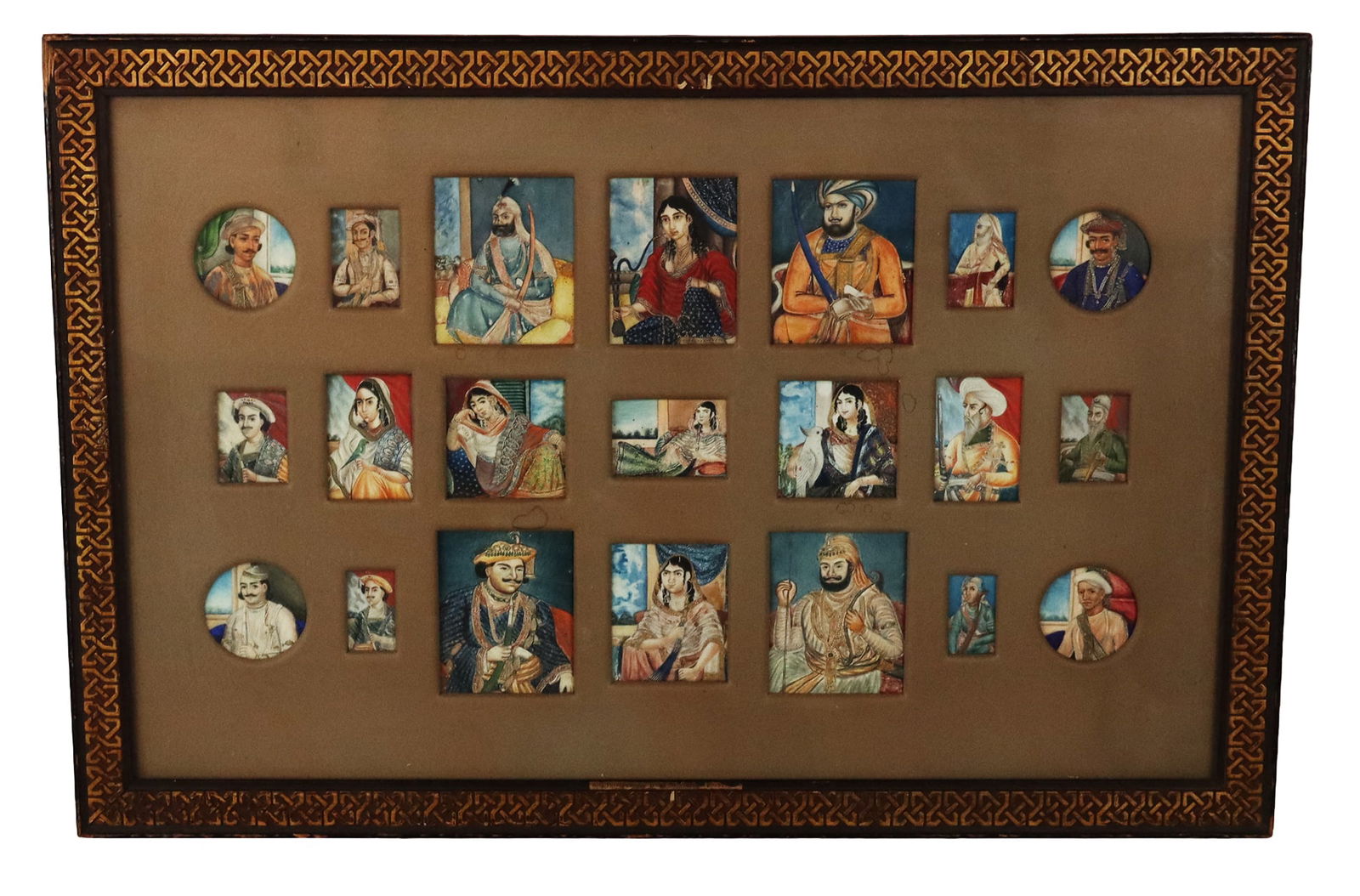Set of 21 Indian Miniatures in One Frame: Set of 21 Indian miniature paintings within one frame, portraits of men and women, perhaps from a family tree, round and square, not removed from frame, framed under glass. [Largest: 4" H x 3" W; Fram
