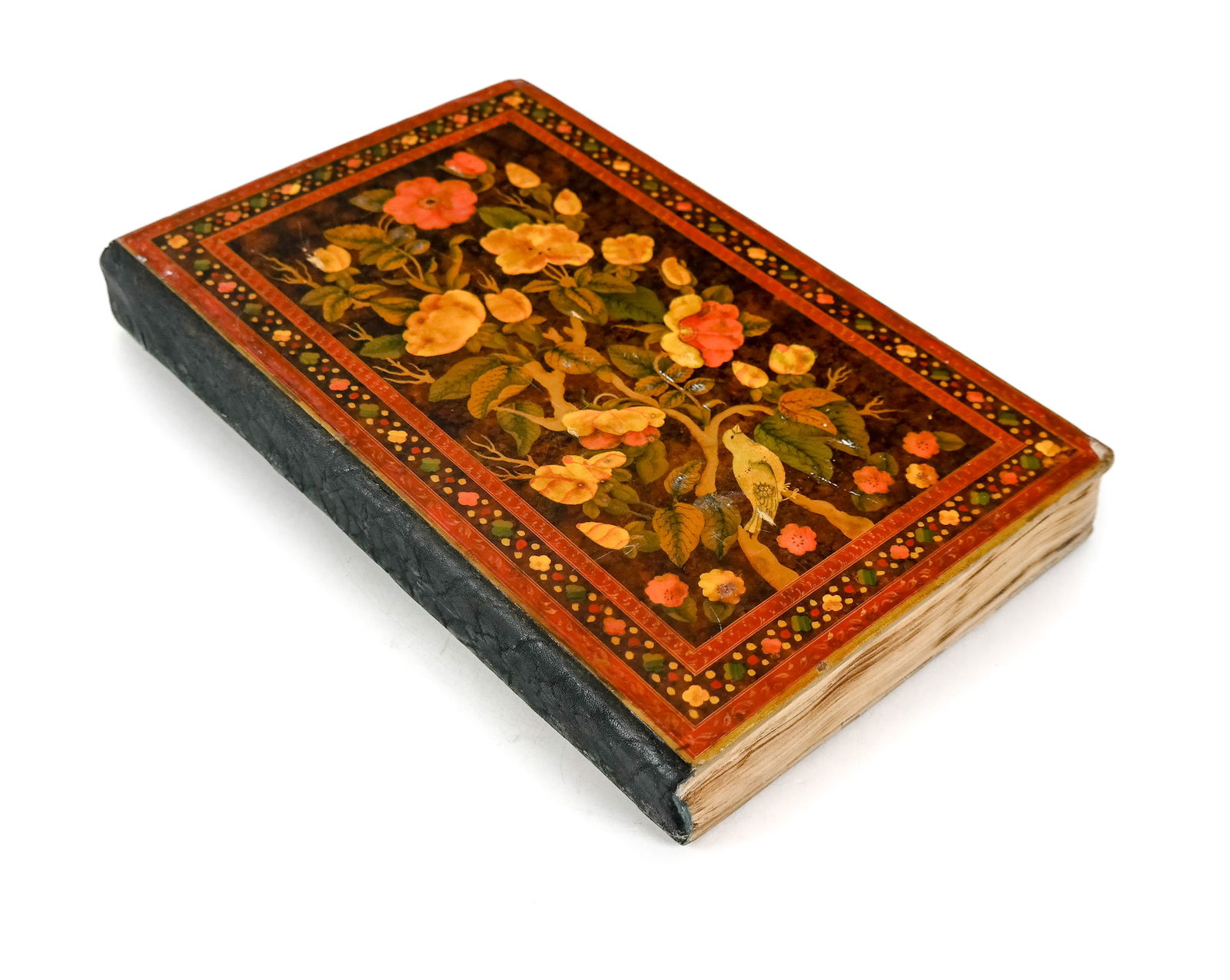 Persian Qajar Period Lacquer Papier Mache Quran: Persian Qajar period Quran, 19th century, the hand-written calligraphy with commentaries (Khavas Ayat) on the side of pages along with gold illuminations, with lacquered papier-mache binding with trad