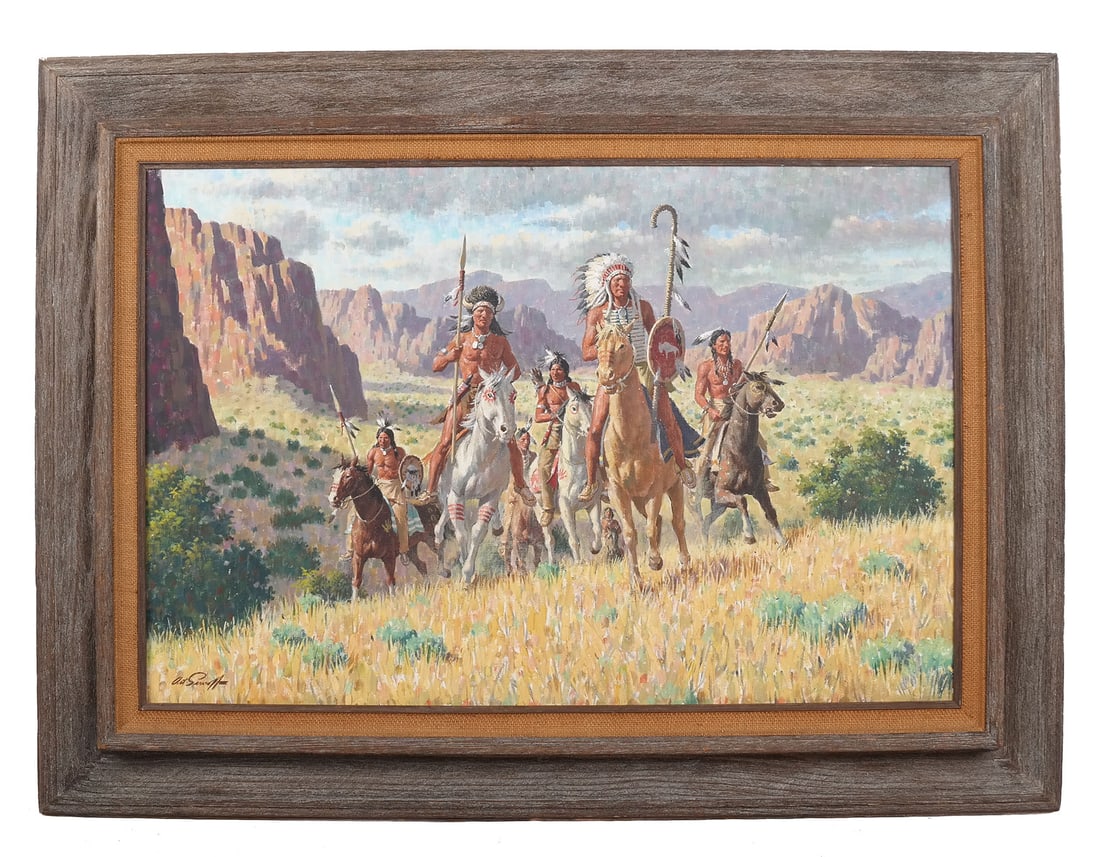 Arthur A. SARNOFF: "War Party" - Oil on Canvas: Arthur Aaron Sarnoff (American, 1912-2000) oil on canvas painting titled "War Party" depicting Native Americans on horseback in a Southwest landscape, signed "Art Sarnoff" lower left and inscribed to