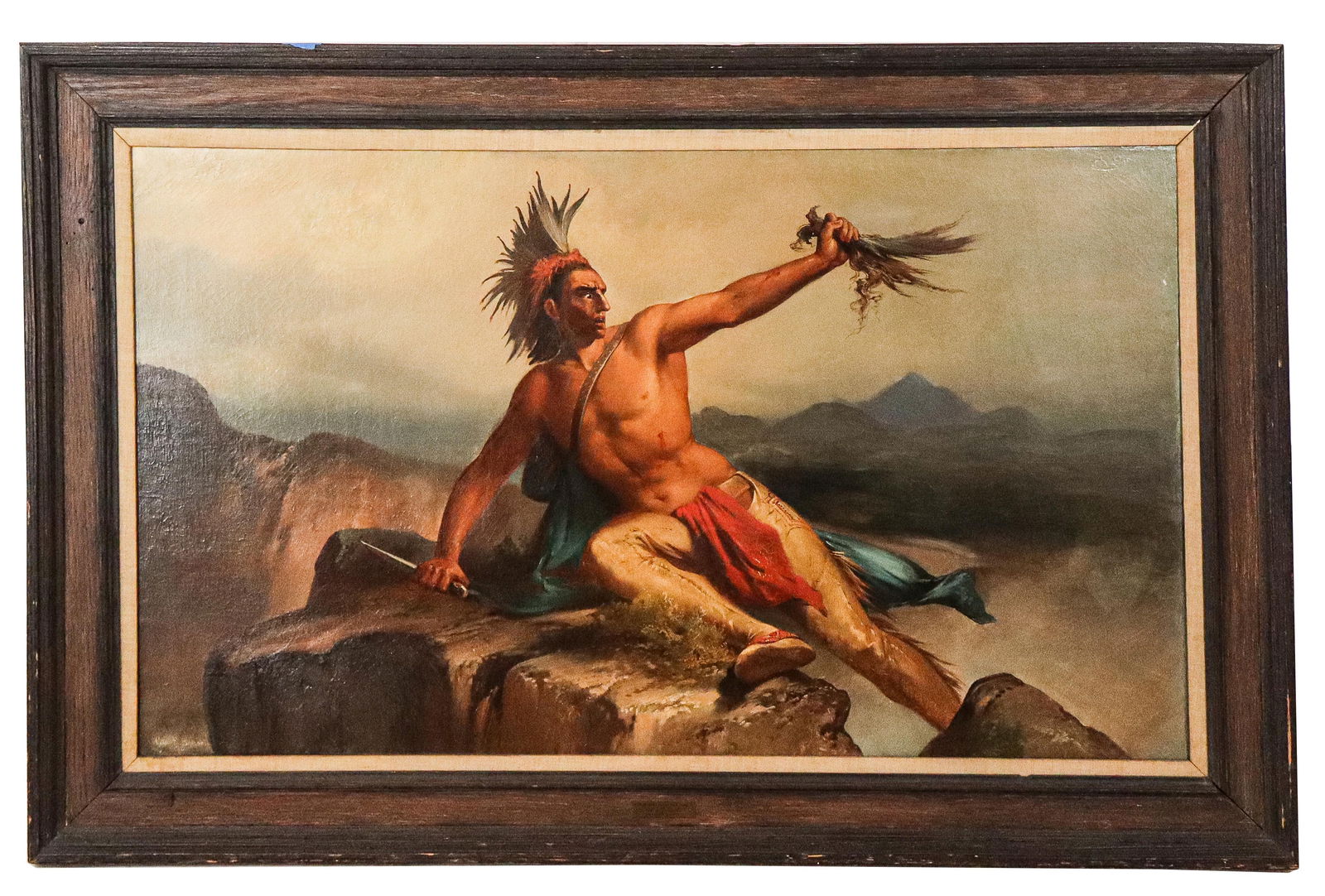 George Frederick BENSELL Mohican Warrior Painting: George Frederick BENSELL (American, 1837-1879) oil painting of a Mohican warrior with knife, holding a scalp in triumph, on a rock formation. signed and dated lower left, 1873, with plaque reading "Pr
