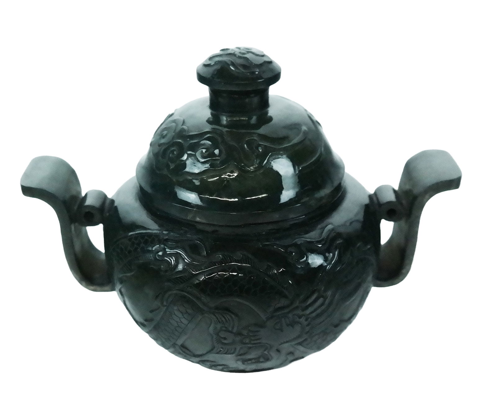 Chinese Small Green Jade Censer: Chinese green jade censer, the top having a running cloud design and finial, above a body with dragon /sea serpent allover design and two sloping handles, signed on bottom. [5.5" H x 7" x 5" Diameter]