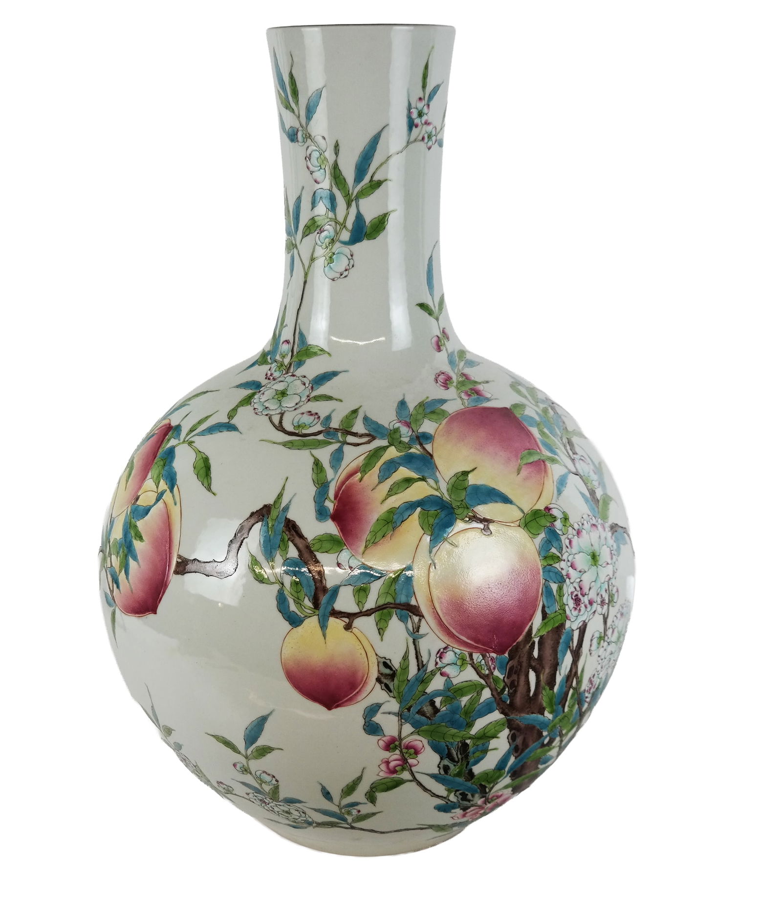 Chinese Famille Rose Porcelain Vase: Chinese famille rose porcelain vase, 19th century, with peach and bat enamel painted decoration, and thin opening to a larger round base, dark line along rim. [21.5" H x 14.5" Diameter]. Very good con