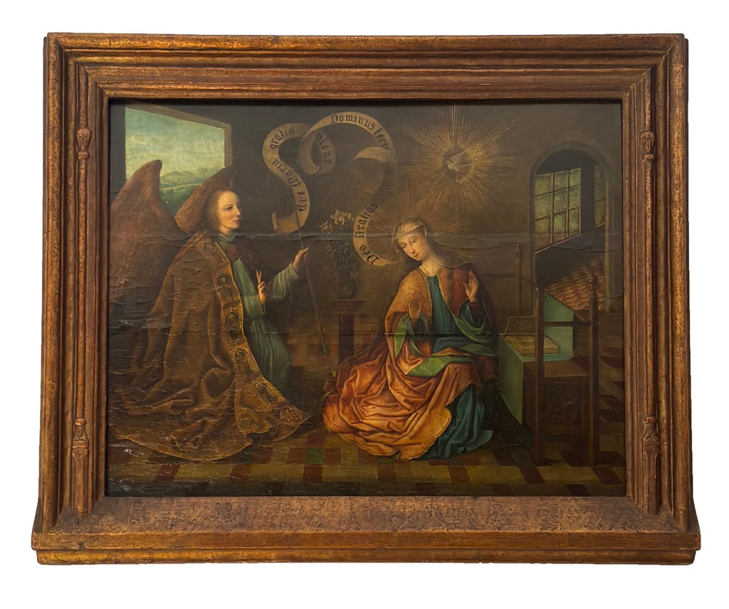 Master Heilige SIPPE Attrib. The Annunciation Oil: Master of the Heilige Sippe Attribution, oil painting on cradle back, "The Annunciation" (The Annunciation of Mary), the two central figures in muted colors, by a window from the left, and an altar an