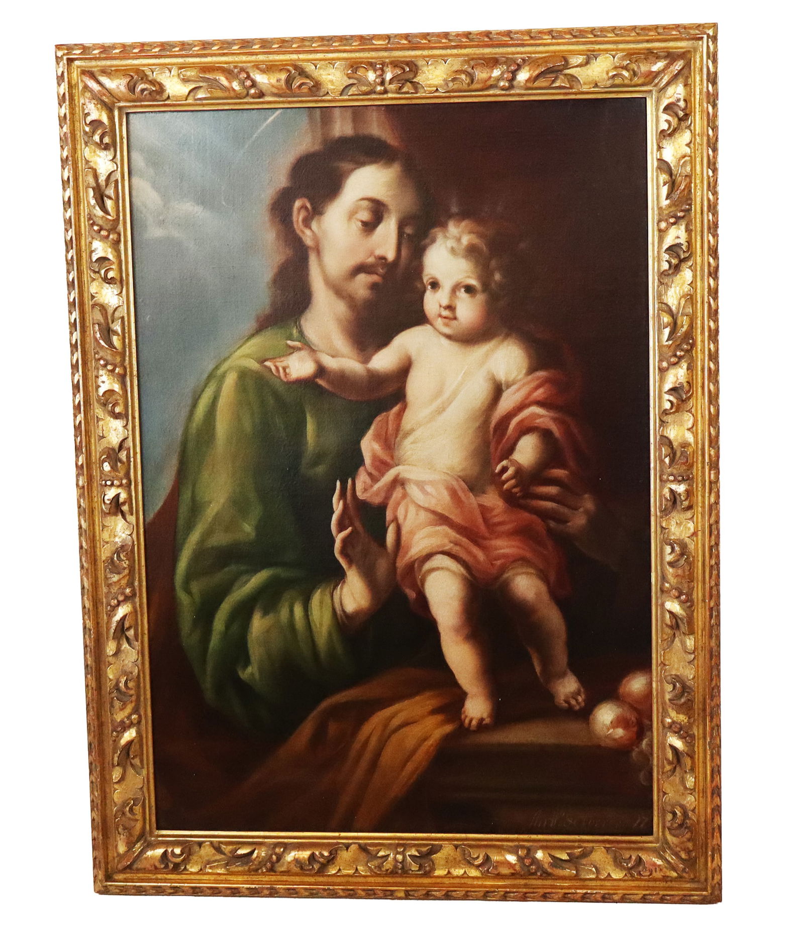 Antonio de TORRES St. Joseph & Infant Oil Painting: Antonio de Torres (Mexican, 1666-1754 - Oil on canvas, St. Joseph holding the infant Christ, standing on a table top, St. Josephs halo faintly over the left against a blue sky, in a green robe, mounte