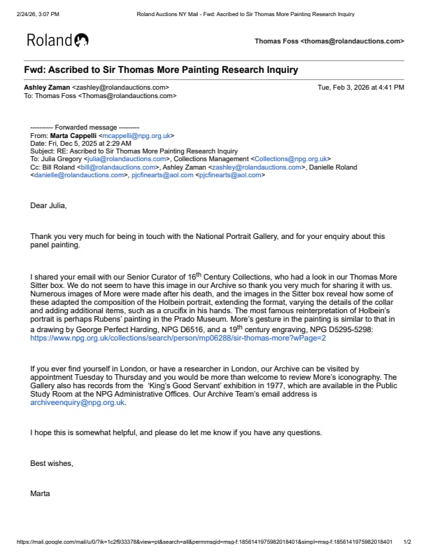 After Hans HOLBLEIN Portrait of Sir Thomas More: After Hans Holbein the Younger, oil on wood panel portrait of Sir Thomas More, depicting More holding and pointing to a rolled up paper in left hand, with necklace and large medallion, the frame and t