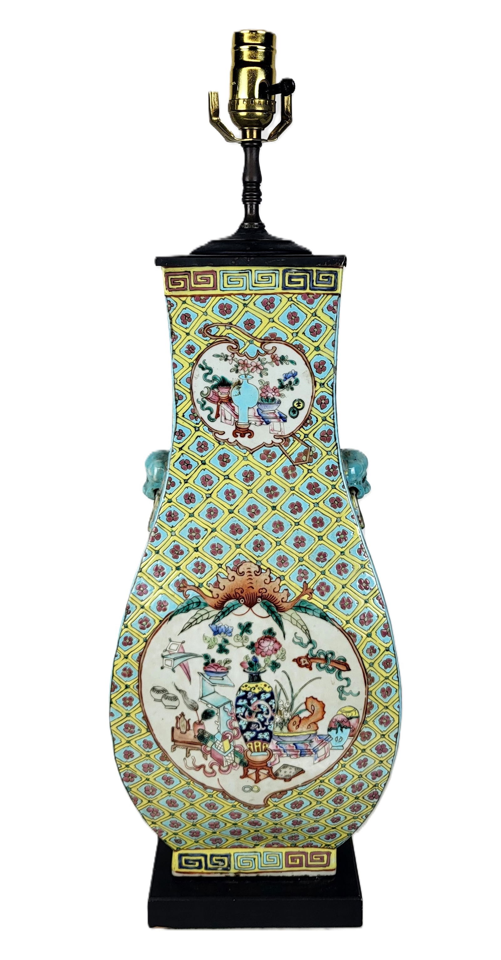 Chinese Famille Rose Porcelain Vase as a Lamp: Chinese Famille Rose Porcelain Vase Mounted as a lamp, the tall squared baluster form vase with all over enamel rose in yellow box design with panel reserves showing table still lifes, 2 animal head a