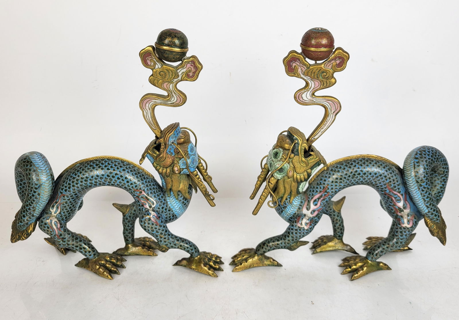 Chinese Cloisonne Dragon Pricket Sticks - Pair - 19