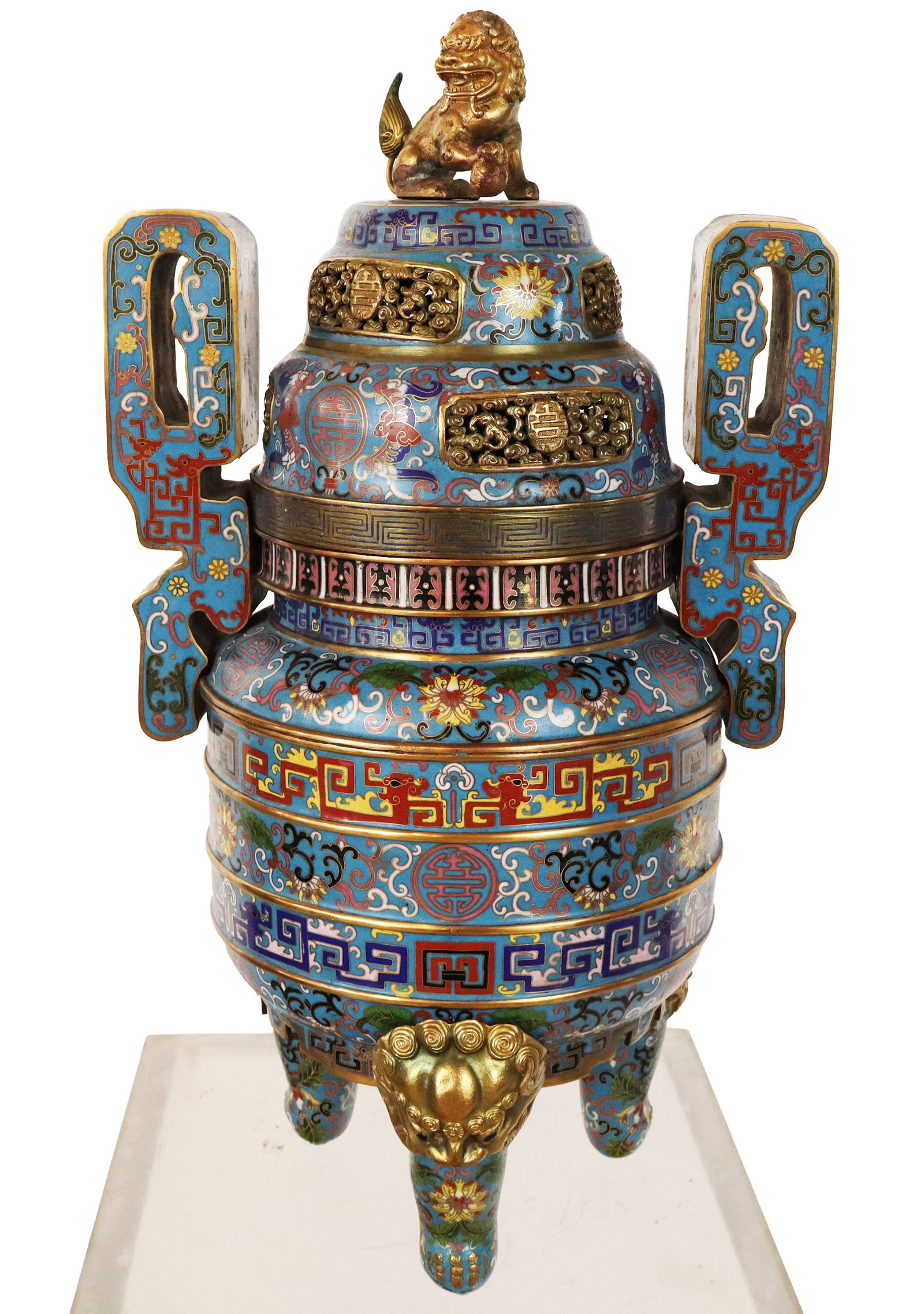 Large Chinese Cloisonne 2 Handle Censer: Large Chinese Cloisonne 2 Handle Censer, Gilt Buddhist lion finial pierced cover above an interior inset aerator, with 2 large handles around a finely detailed cloisonne body, 3 elephant head legs. [2
