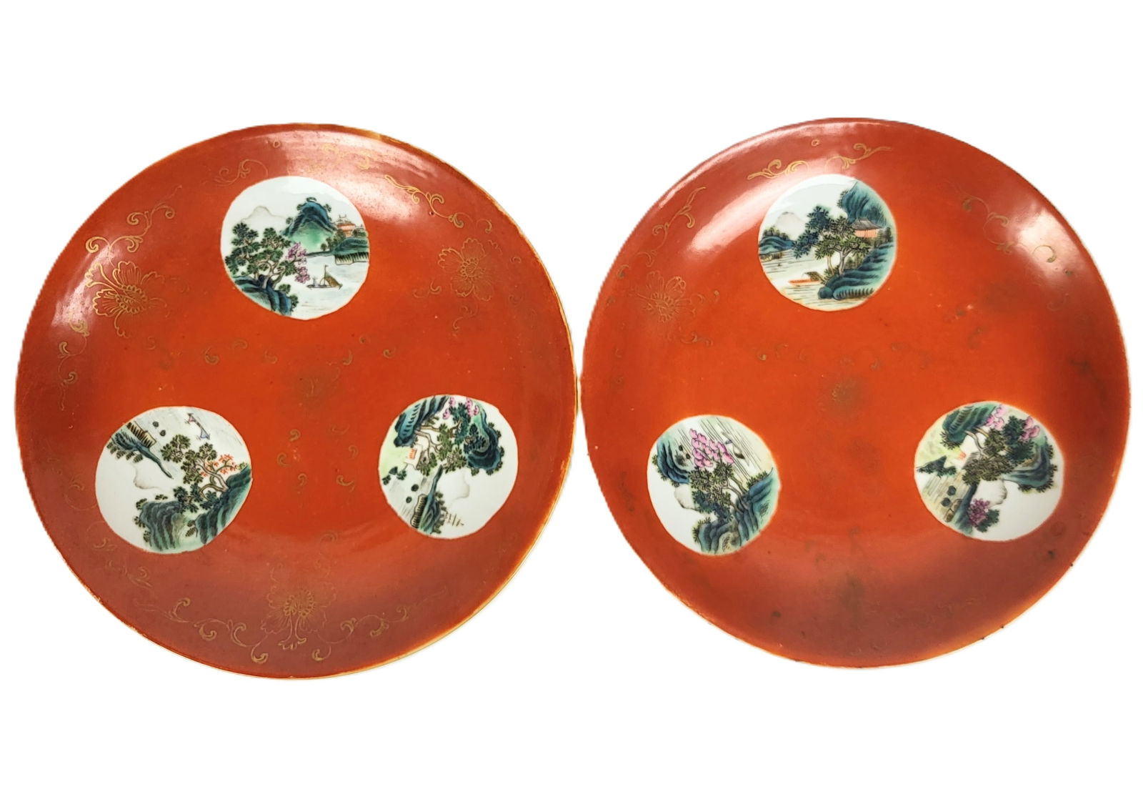 Pair Famille Rose Coral Red Dishes (1 of 17)