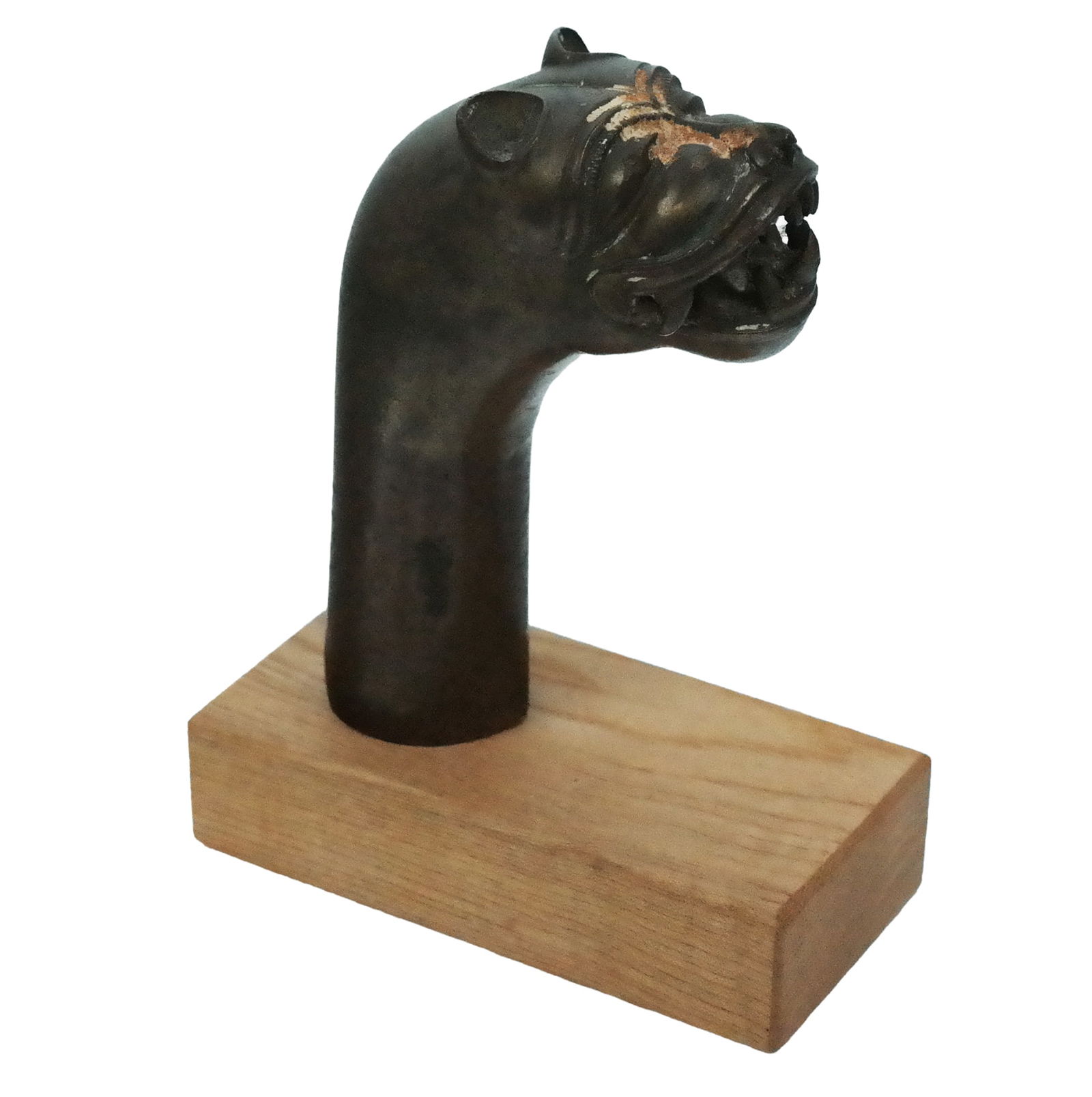 Indian Moghul Bronze Tiger Handle: Indian Moghul Bronze Tiger Handle, the tiger head as a cane/walking stick handle with open base, on stand. The handle having 2 lines of writings. [Handle only, 4"]. Good condition