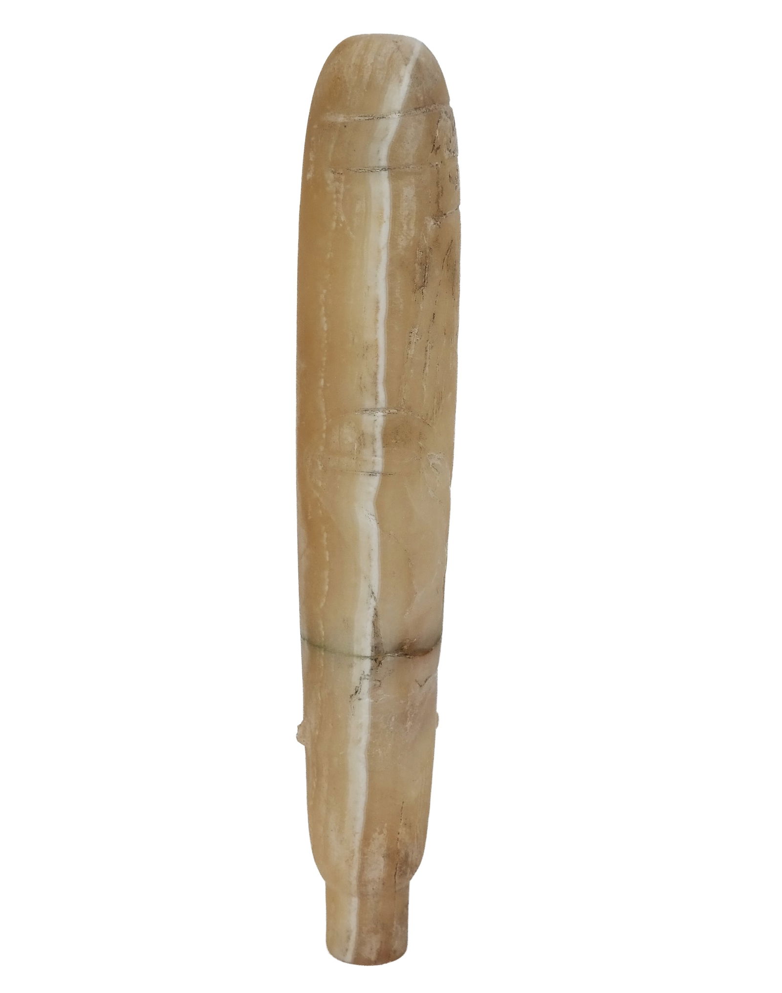 Greek Roman Alabaster Phallic Symbol: Greek Roman Alabaster Phallic Symbol, slight carvings on one side, base has opening for a staff or rod. [10.5"L x 2" diameter]. General good condition.