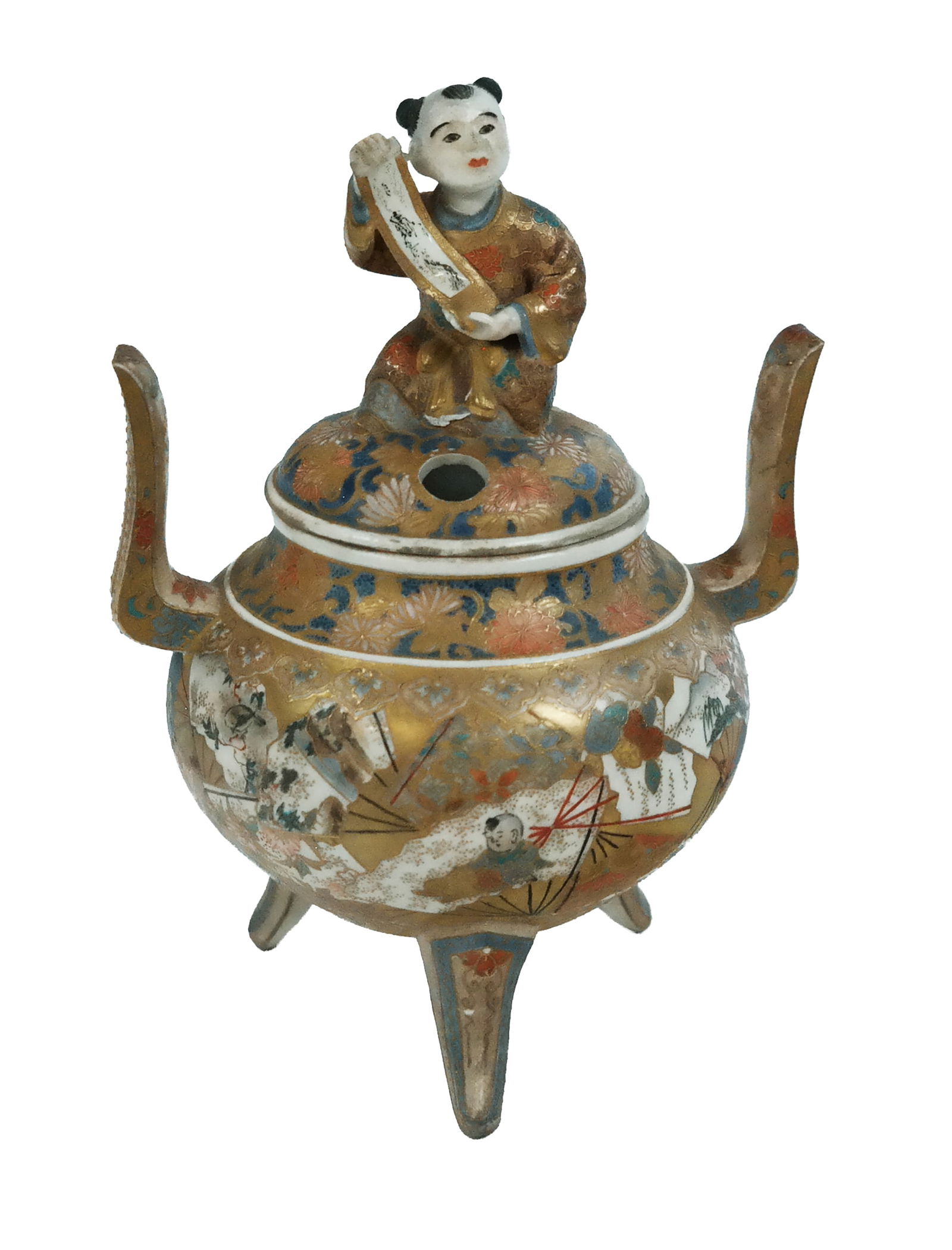 Small Japanese Satsuma Koro: Small Japanese Satsuma Koro, Young man with scroll finial cover, on base of 2 large swoping handles and tripod base with all over classic Satsuma gilt designs. [6.5" H x 4" diameter at handles]. Head