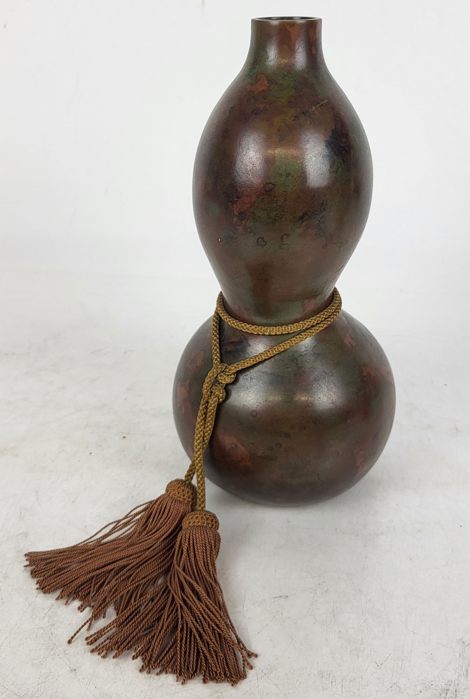 Japanese Bronze Double Gourd Shape Vase: Japanese Bronze Double Gourd Shape Vase, beautiful dark mottled coloring finish, very smooth, signed on bottom. [10" H x 5" diameter].