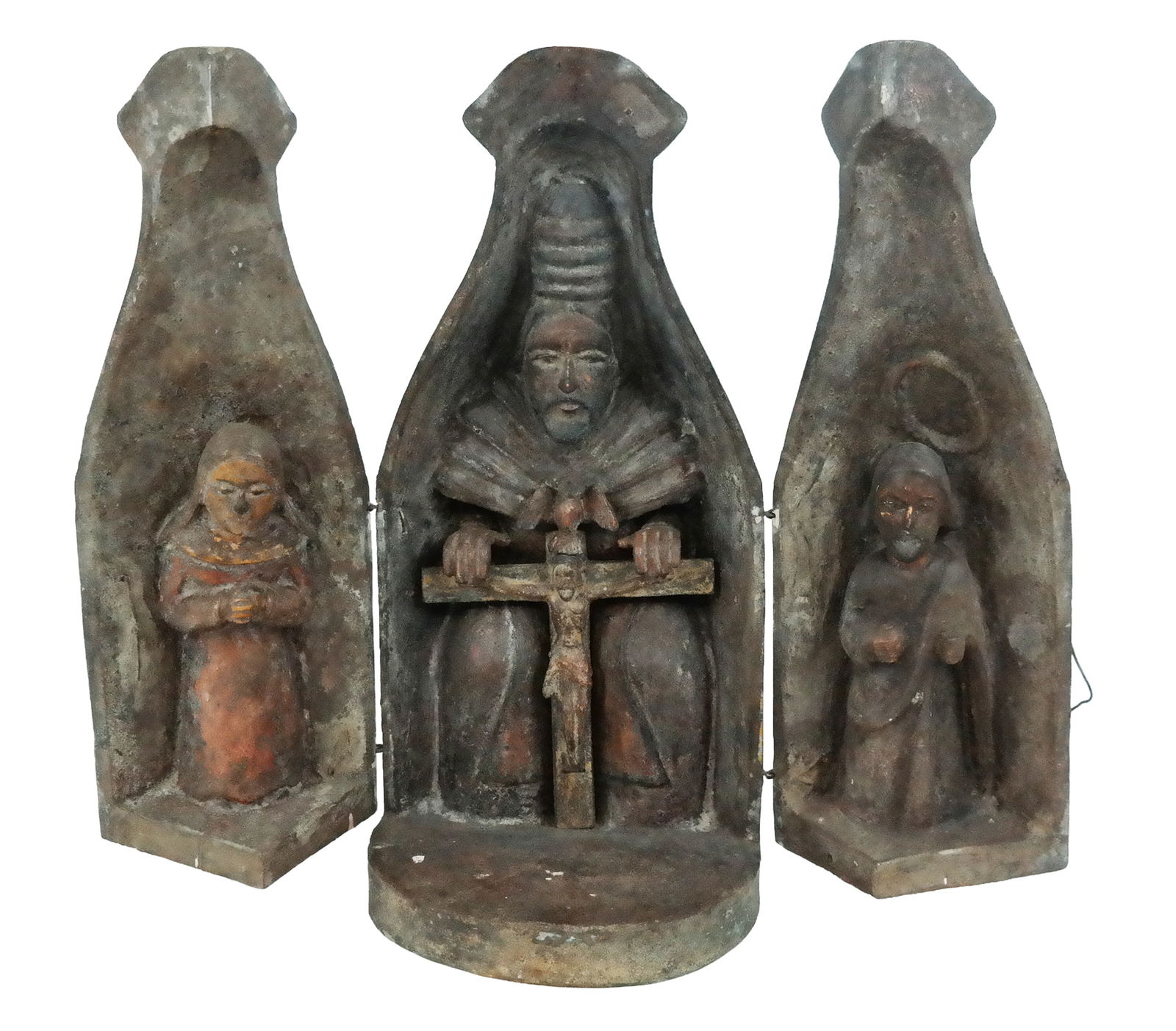 Spanish Colonial Wood Triptych of Trinity: Spanish Colonial Wood Triptych of Trinity, the fold out triptych with partial painted exterior (in bottle form) opening to 3 dimensional figures, also painted interior. 19th Century. [13.5"H x 6.5" di