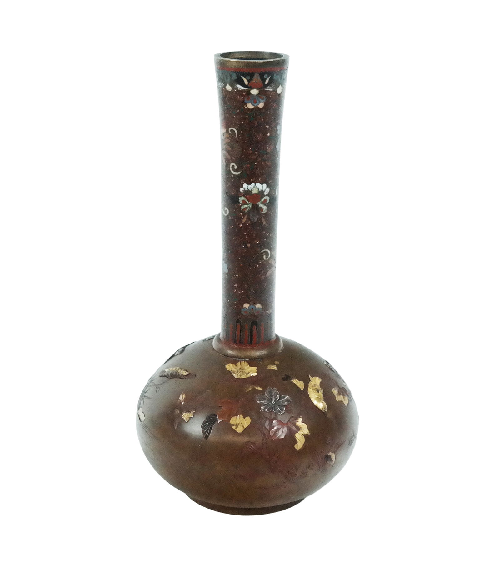 Japanese Inlaid Bronze Bottle Vase: Japanese Inlaid Bronze Bottle Vase, the thin long neck having enamel inlays on a sparkle ground cloisonne finish and the base being bronze with gold tone and silver tone mounts and overlays of birds,