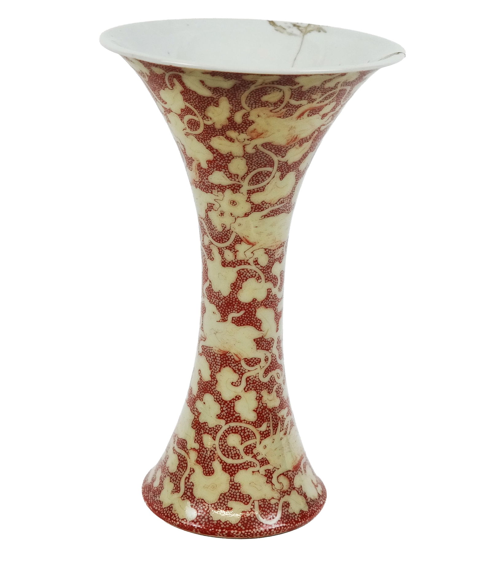 Japanese Makazu Kozan Porcelain Trumpet Vase: Japanese Makazu Kozan porcelain trumpet vase, the tapered form with large flare top and smaller flare base, decorated with various animals within vines in a red field, signed on bottom. [7.5" H x 4.5"
