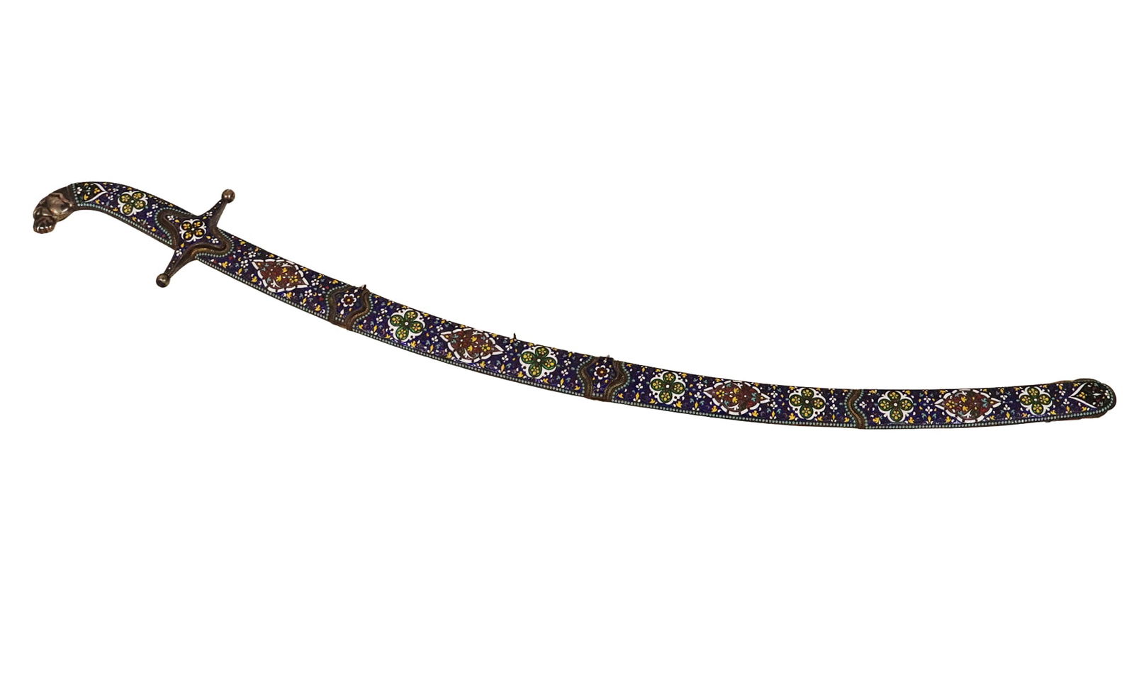 Russian Enamel Niolle Inlaid Presentation Katana: Russian Enamel Niolle Inlaid Presentation Katana in sheath, the Katana sword with engravings toward handle splits into 2 parallel blades, attached as one blade before handle, the handle of silver and