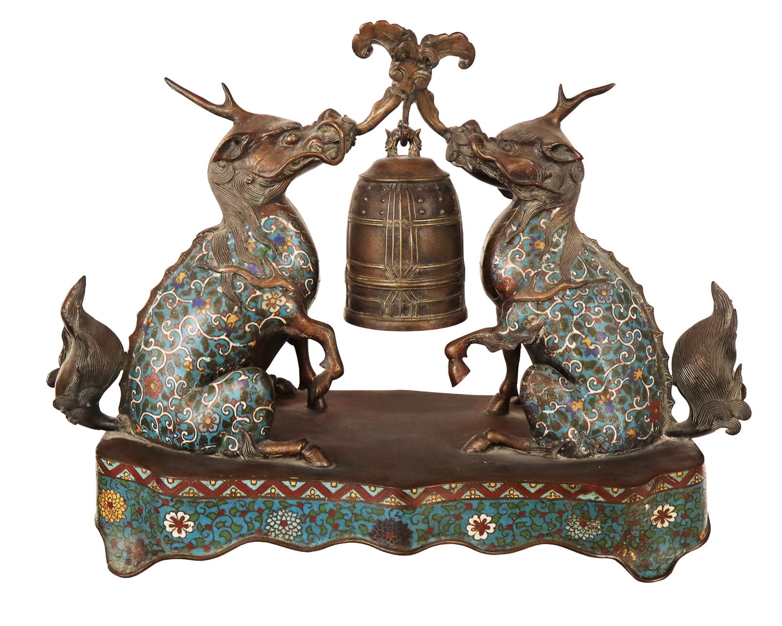 Japanese Antique Cloisonne Temple Bell Group: Japanese Antique Cloisonne Temple Bell Group, 2 archaic form horned and hoofed cloisonne animals upholding a center bell with finial, on an elongated base with cloisonne apron with outturned legs, wit