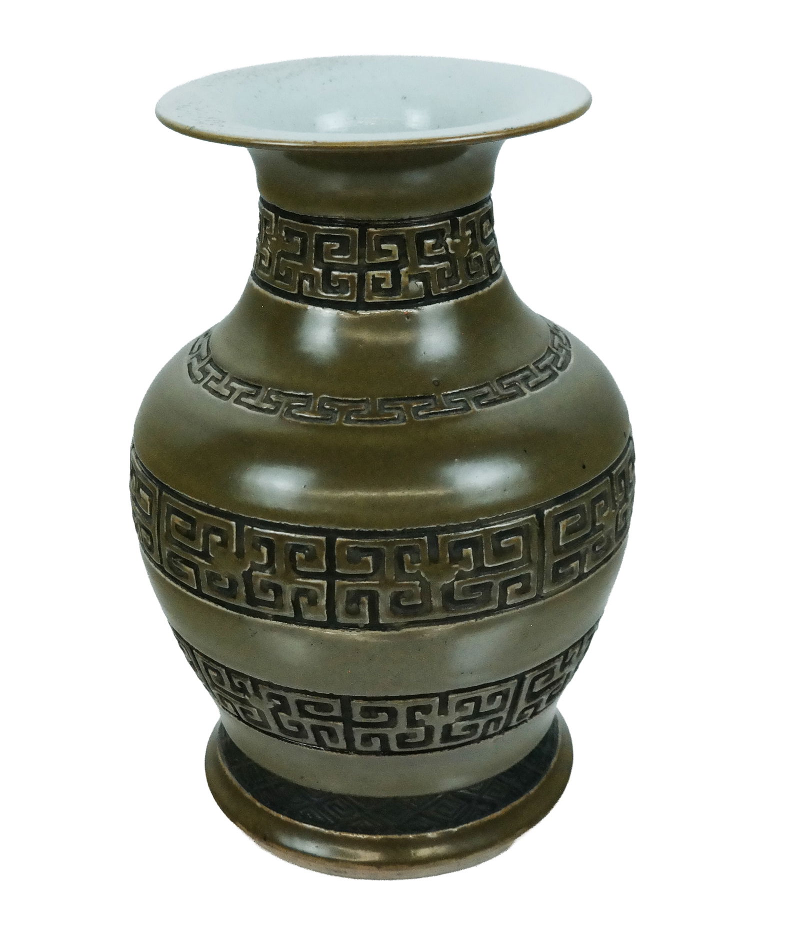 Chinese Antique Porcelain Glazed Archaic Vase,: Chinese Antique Porcelain Glazed Archaic Vase, Late Qing, the interior of vase being light white, the exterior having a flared mouth above dark green glaze with Greek key incised design in 4 rings aro