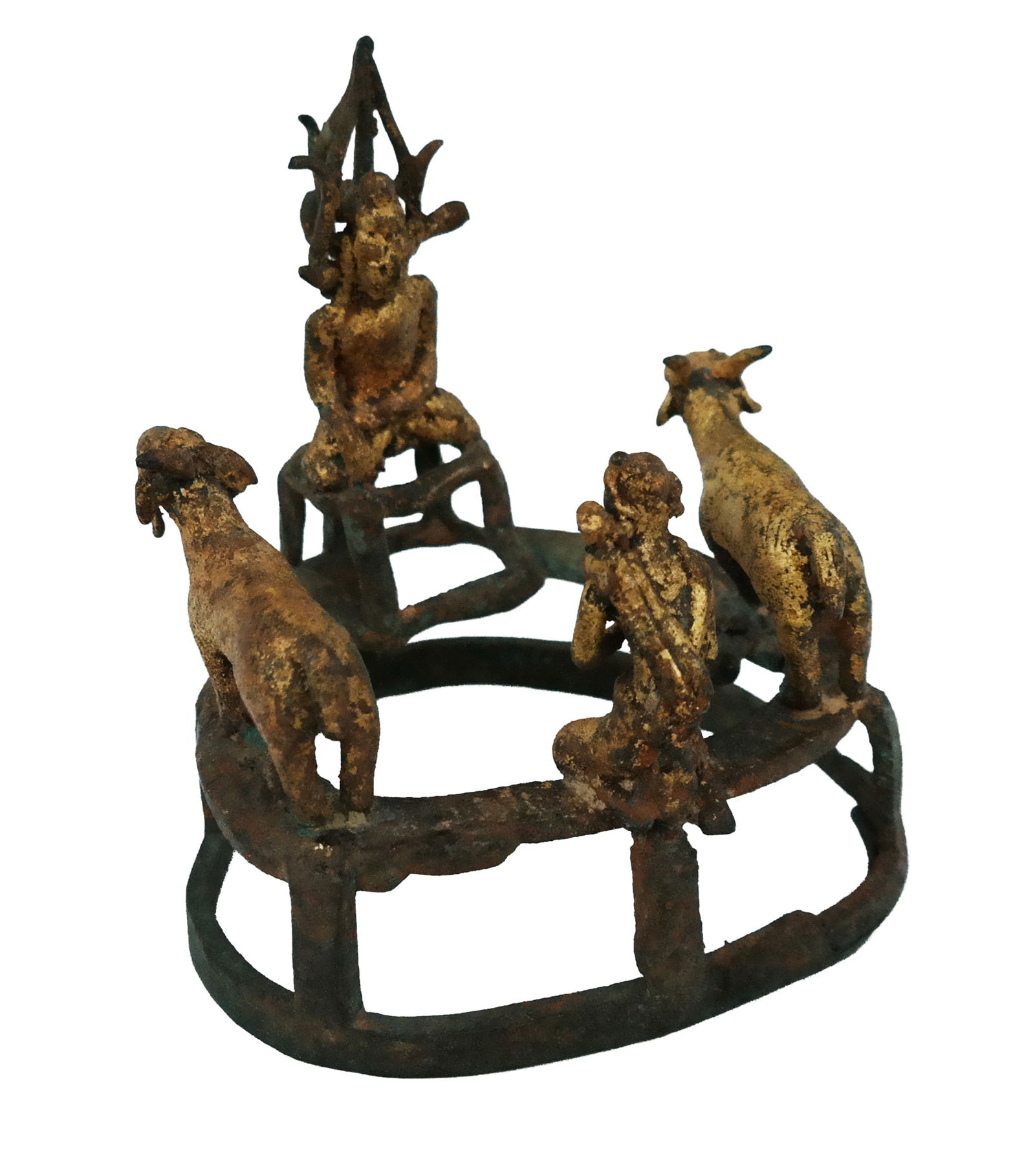 Burmese Parcel Gilt Bronze Altar Finial: Burmese Parcel Gilt Bronze Altar Finial, with 2 opposing figures facing each other and 2 goats in gilt bronze, atop an archaic form bronze open base. 17th Century. [5" H x 4" diameter]. Oxidization an
