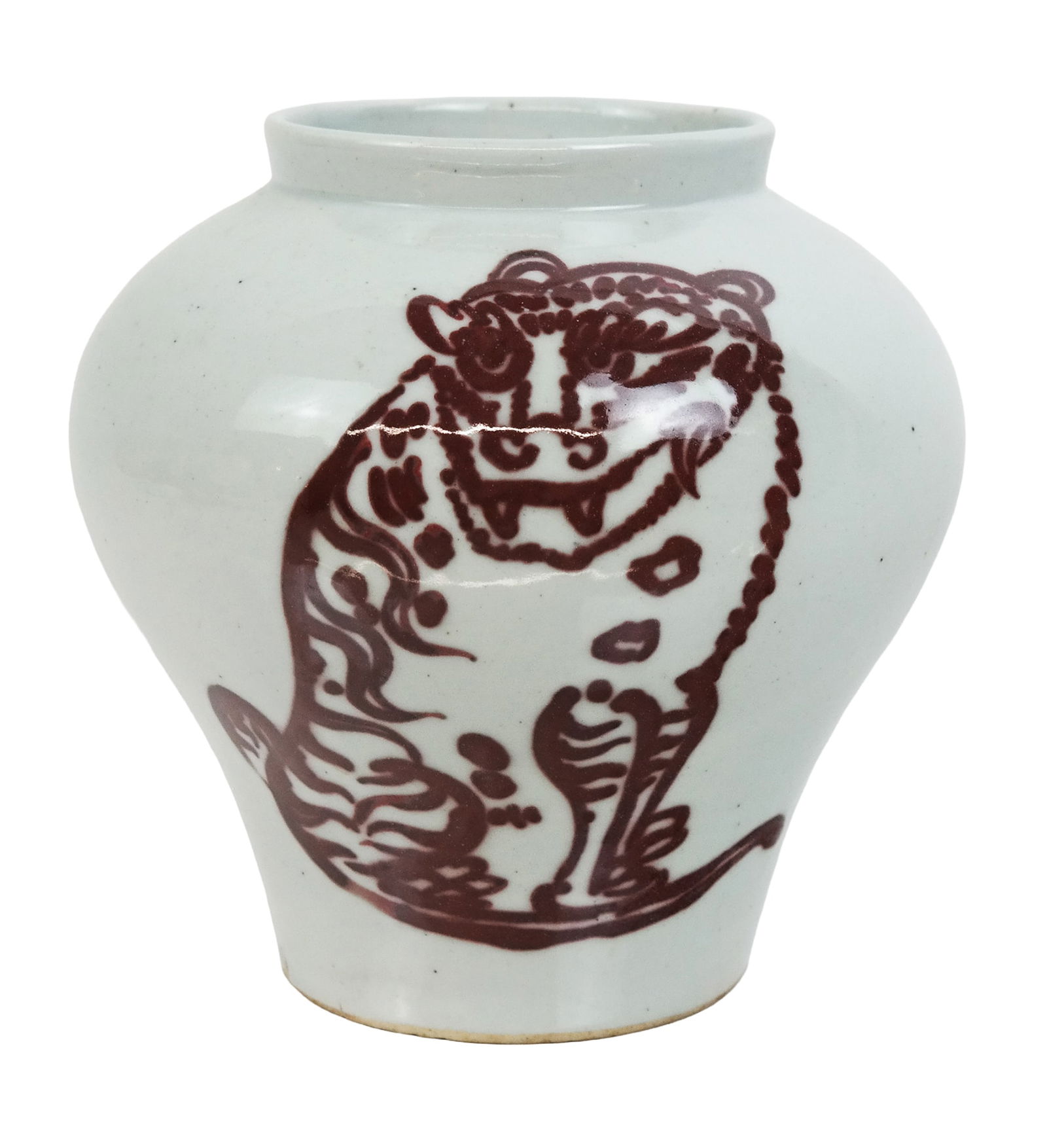 Korean White Glazed Vase: Korean White Glazed Vase, with red underglaze primitive style smiling tigress, signed on bottom. [7.5" H x 8" diameter]. Black pock marks about, 2 cracks along base at firing.
