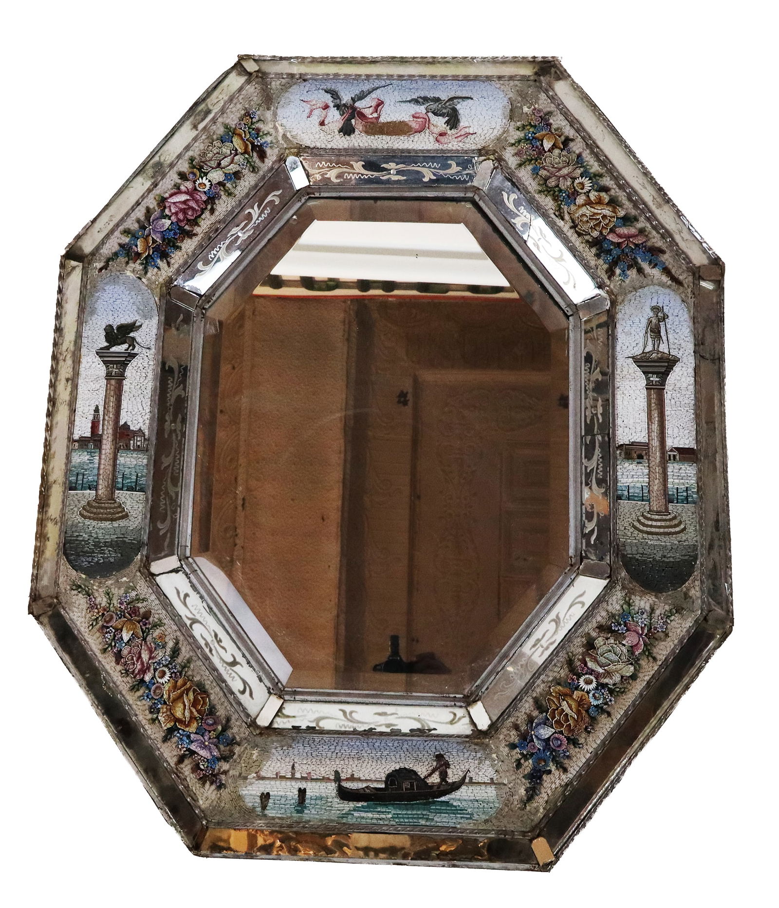 Grand Tour Venetian Murano and Micromosaic Mirror: Venetian Murano glass and micromosaic Grand Tour mirror, 19th century, with alternating floral and figural cartouches comprising a scene of doves with a banner, a column with griffin capital from Sain