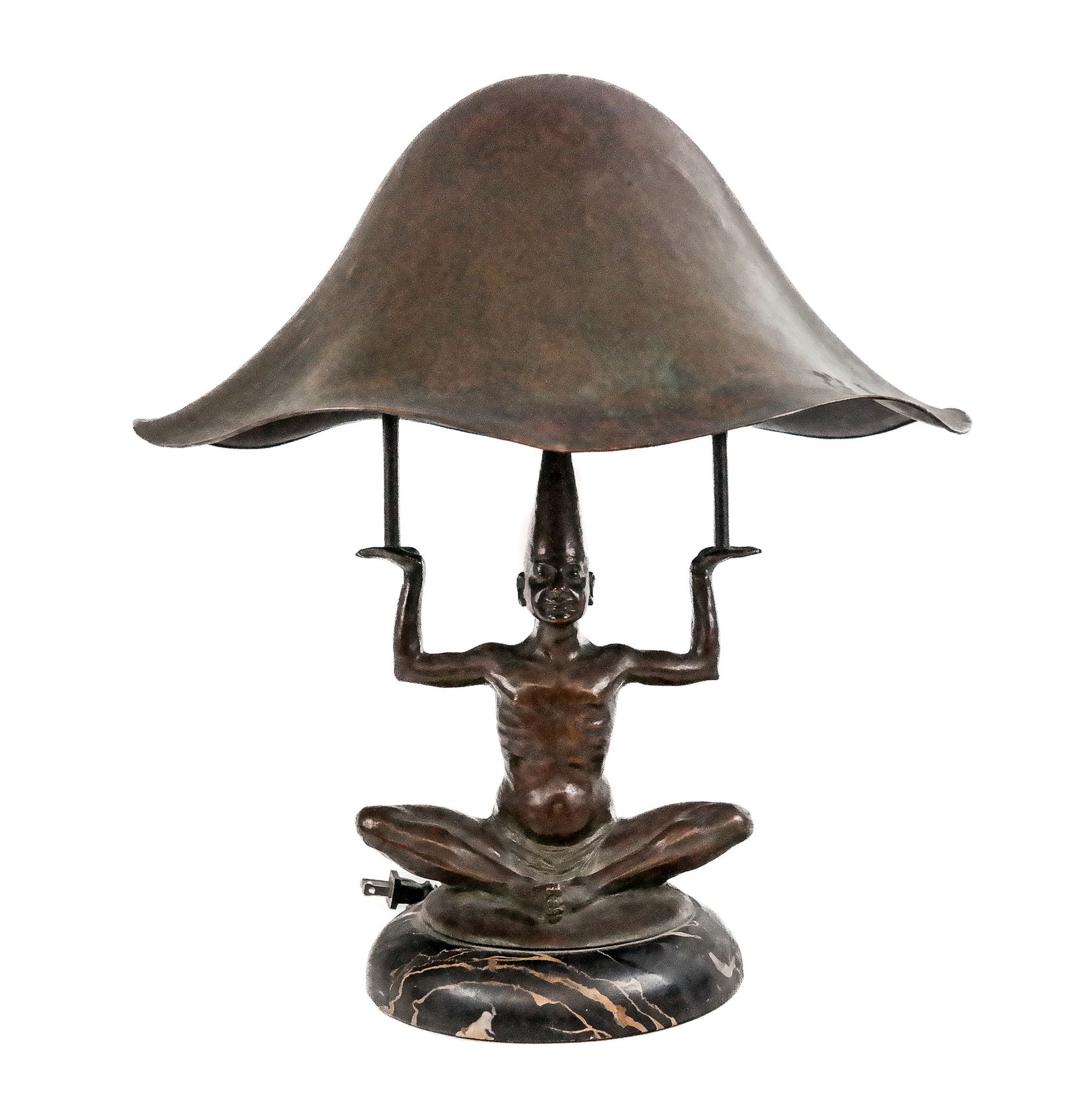 Signed Austrian Bronze Figural Lamp: Signed Austrian Bronze Figural Lamp, the thin bronze wavy shade being upheld by a semi nude man with arms raised up and legs folded with feet together in a Yoga position, on a self base, mounted on a