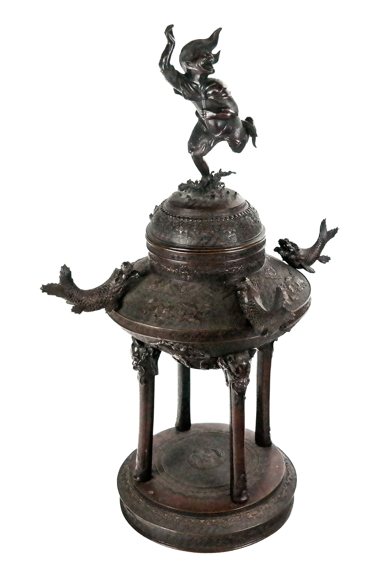 Antique Japanese Bronze Two-Tier Incense Burner: Antique Japanese two-tier bronze incense burner, highly detailed throughout, with a running man splashing in a puddle figural finial on cover, atop an incense burner bowl with all over designs and 4