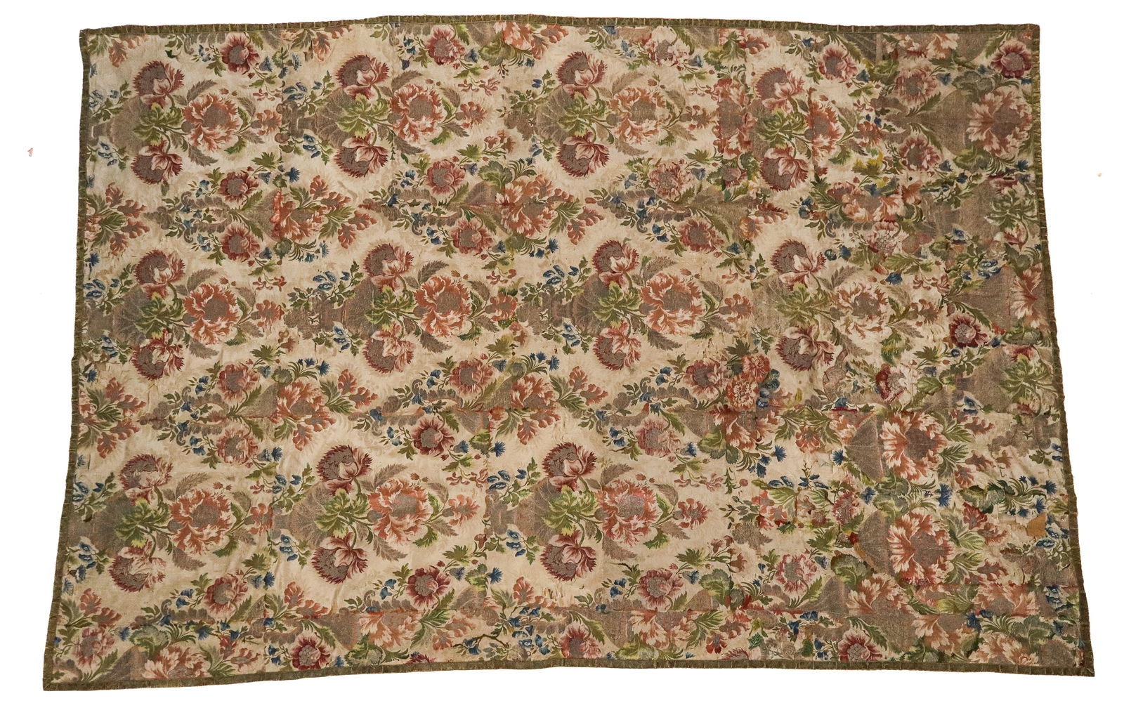 19th Century European Embroidered Large Cover: 19th Century European embroidered cover, the large cover pieced together with varying repeating patterns and inconsistent sew lines, [Appx 10'6" x 7'9"] Various and inconsistent patching, many small