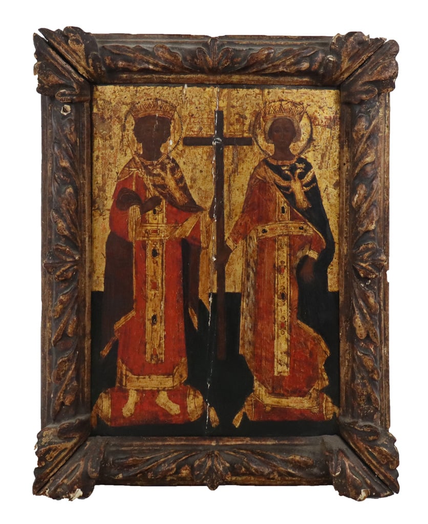 Greek Orthodox Icon of Saint Constantine & Helen: Greek Orthodox painted and gilded wood icon depicting Saints Constantine and Helen, 19th century, the Saints joined by a large crucifix and standing on pillows, painted with browns, reds and gilt on w