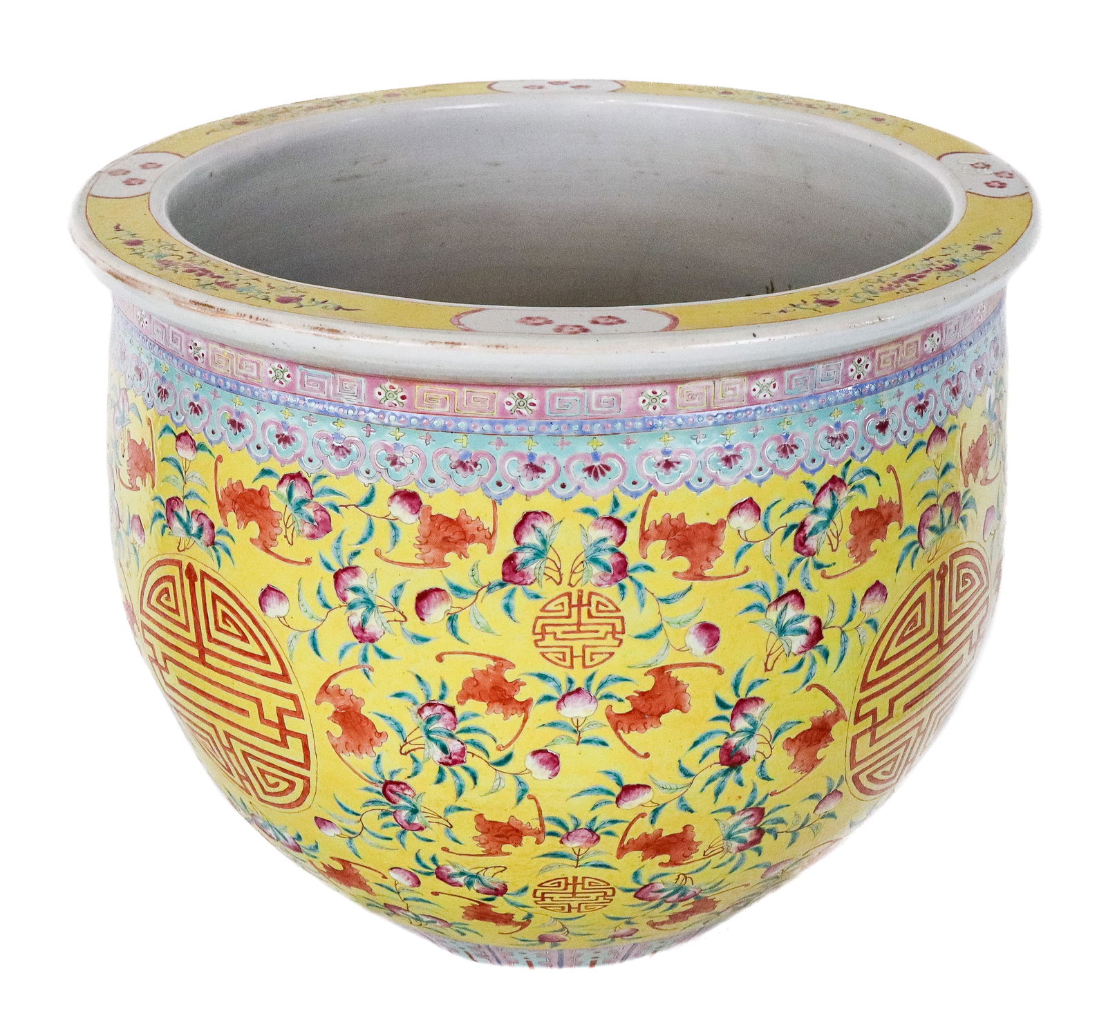 Chinese Famille Rose Porcelain Fishbowl: Chinese Famille Rose Porcelain Fishbowl, Exterior with all over floral, bats and pomegranate designs with a base ring of geometric designs, top lip having yellow ground, interior with orange carp and