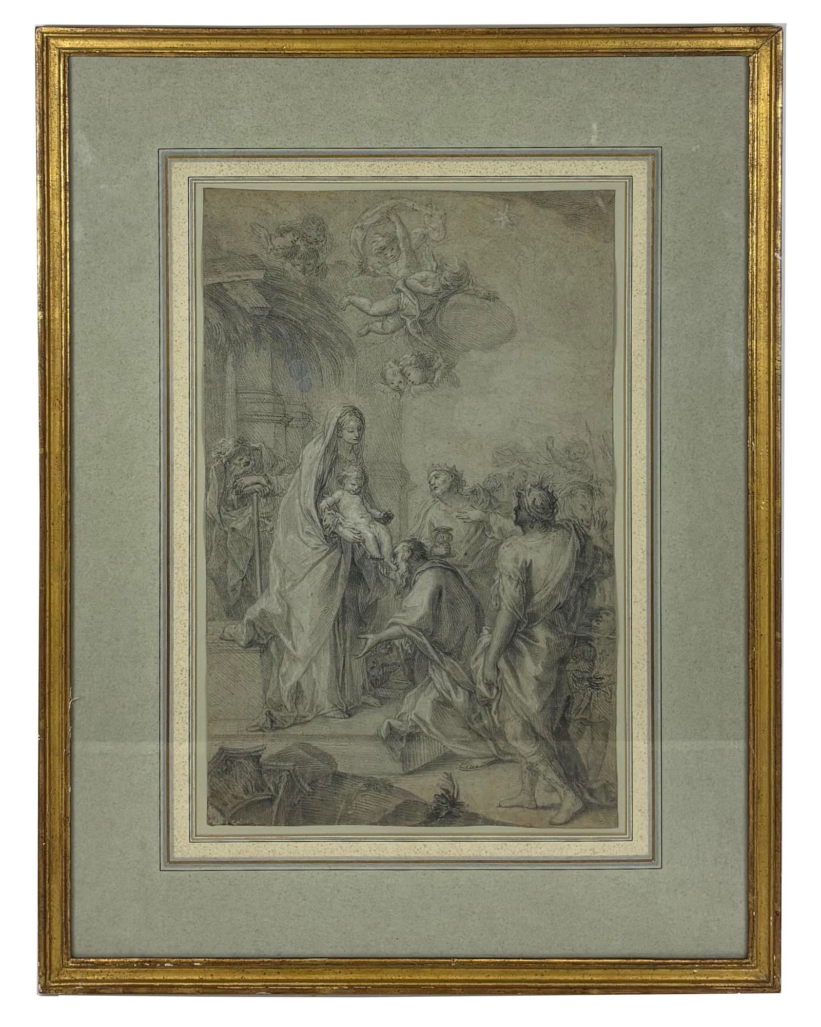Antique Engraving Nativity Scene: Antique engraving, Nativity Scene, unsigned. Figures and angels by a building. [Art: 14.5" H x 9" W, Frame: 22" H x 17" W]. 2 wash spots in upper left quadrant, some foxing on outer areas, page has be