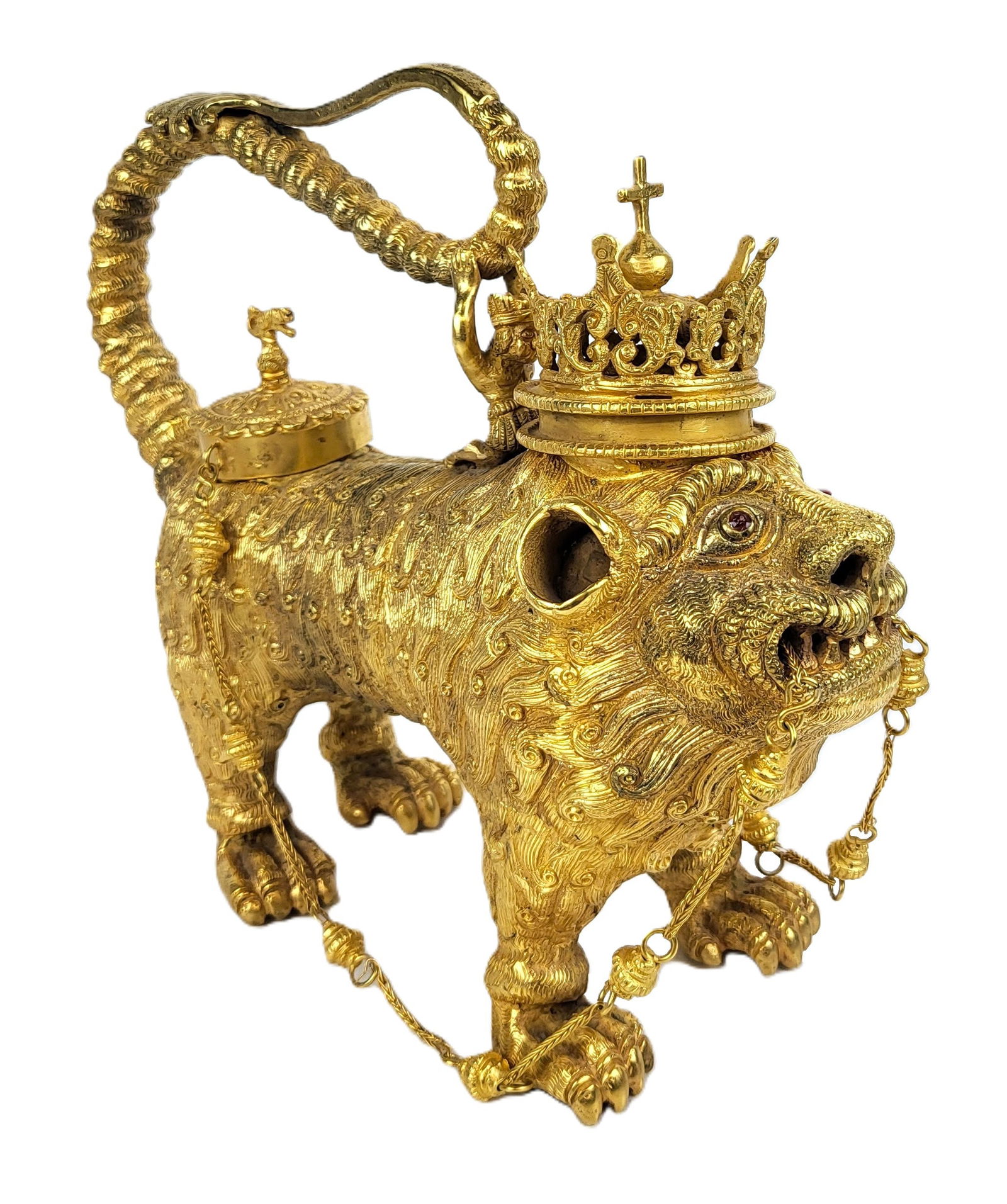 South American Gilt Lion Form Aquamanile (Vessel): South American Gilt Lion Form Aquamanile (Vessel), The regal form highly detailed and decorated gilt on heavy metal lion with red stone eyes, a cross bearing crown covering front water spout, an elong