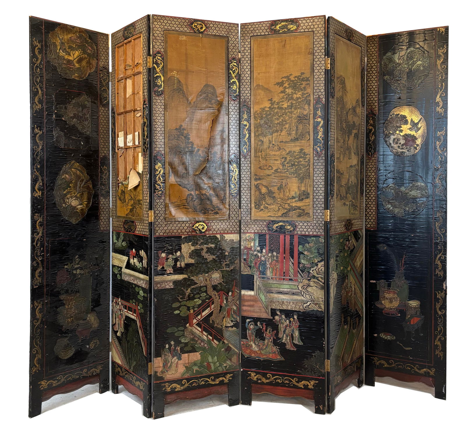 Chinese Lacquer Screen w Inset Ink on Paper Scenes (1 of 19)