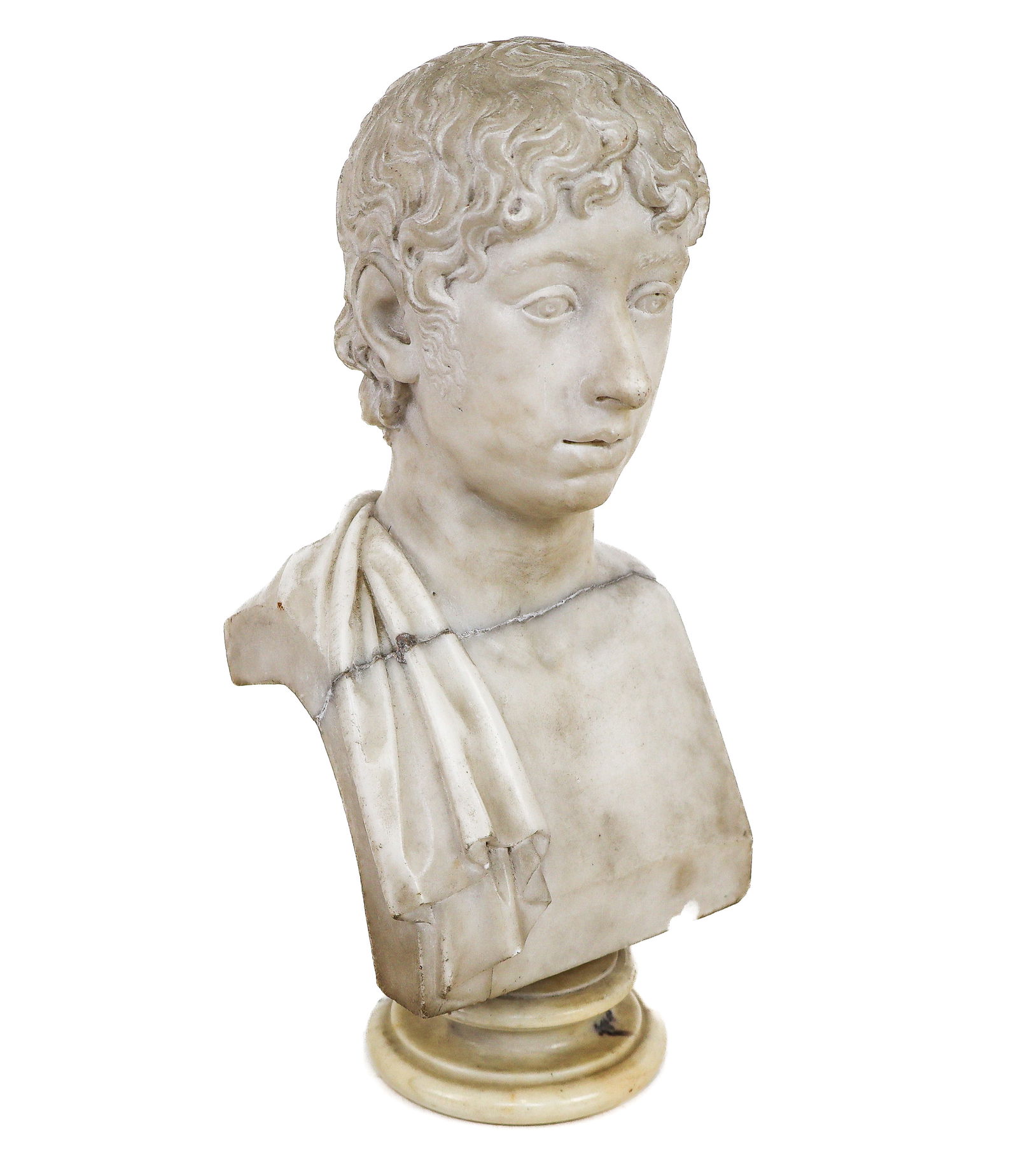 Small Neoclassical Russian Marble Bust of a Man: Neoclassical Russian marble bust, the small bust of a young man with finely detailed curly hair and sideburns, with a shoulder wrap, 19th century, on separate polished marble base. [Overall with base: