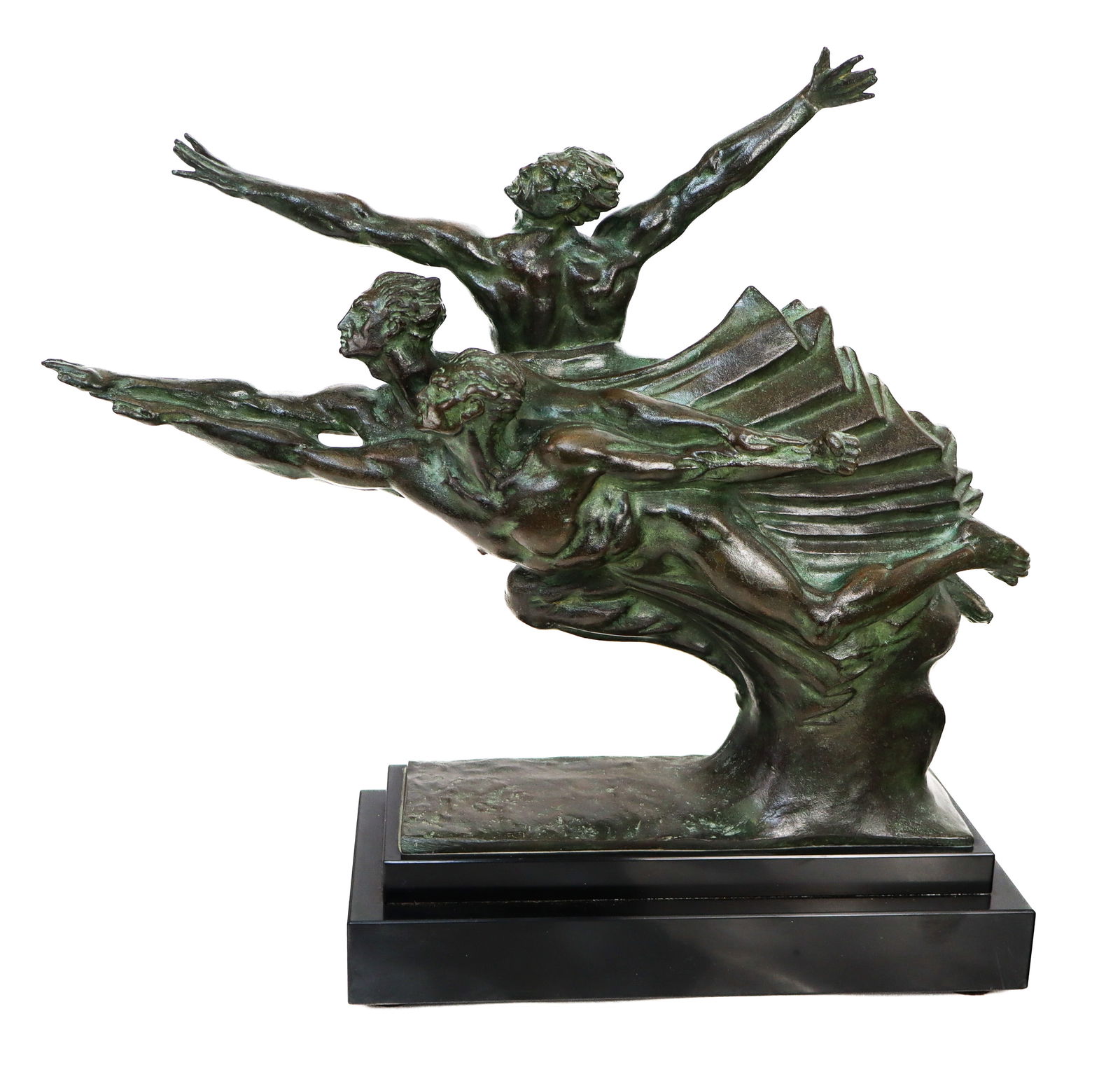 Robert DELANDRE "Allegorie de la Vitesse" Bronze: Robert Delandre (French, 1879-1962) patinated bronze sculpture titled "Allegorie de la Vitesse," signed in casting and with Chardon Bronze foundry mark, Made in France, mounted on stepped stone plinth