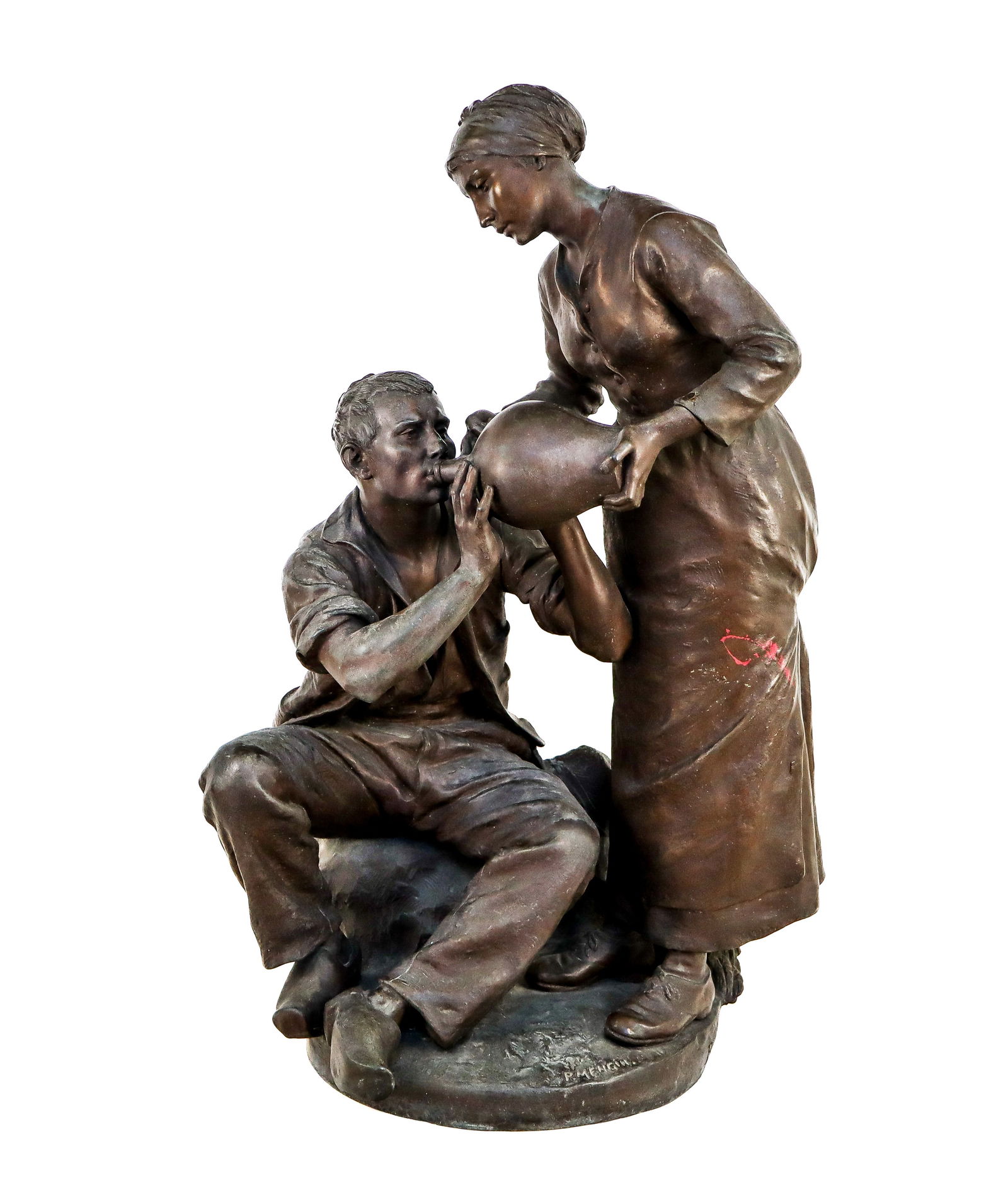 Paul Eugene MENGIN "Paysan Assoiffe" Sculpture: Paul Eugene Mengin (French, 1853-1937) mixed metal sculpture titled "Paysan Assoiffe,", depicting a seated Dutch man, and standing woman helping the man with water jug, signed in casting to base "P. M