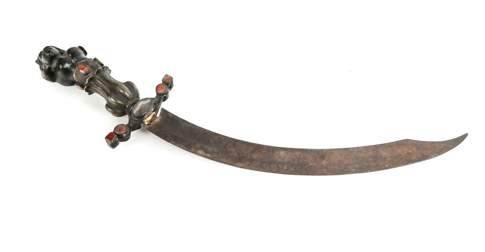 Antique Wood, Agate and Metal Dagger: Antique carved wood, agate and single edged jambiya dagger, possibly Arabian Peninsula, with carved female form hilt decorated with collet set agate and metal foliate form collar continuing to a curve