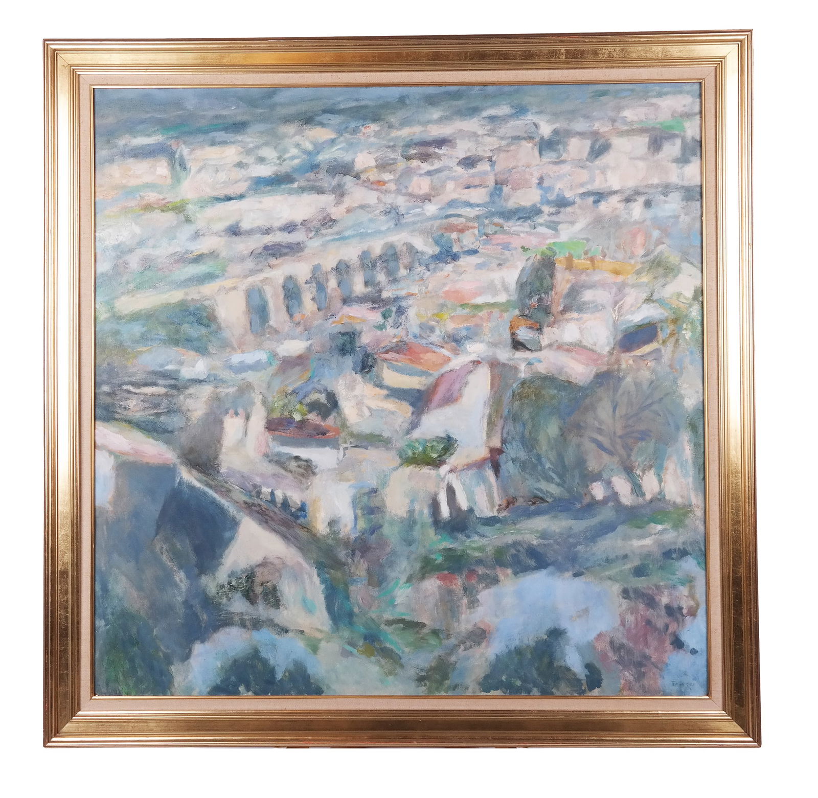 Georges FEHER Landscape Oil on Canvas: Georges Feher (Hungary/France, 1929-2015) oil on canvas landscape, 1962, depicting an abstracted city scene, possibly Gordes, France, dated and signed Feher to lower right with Feher to verso. [Framed