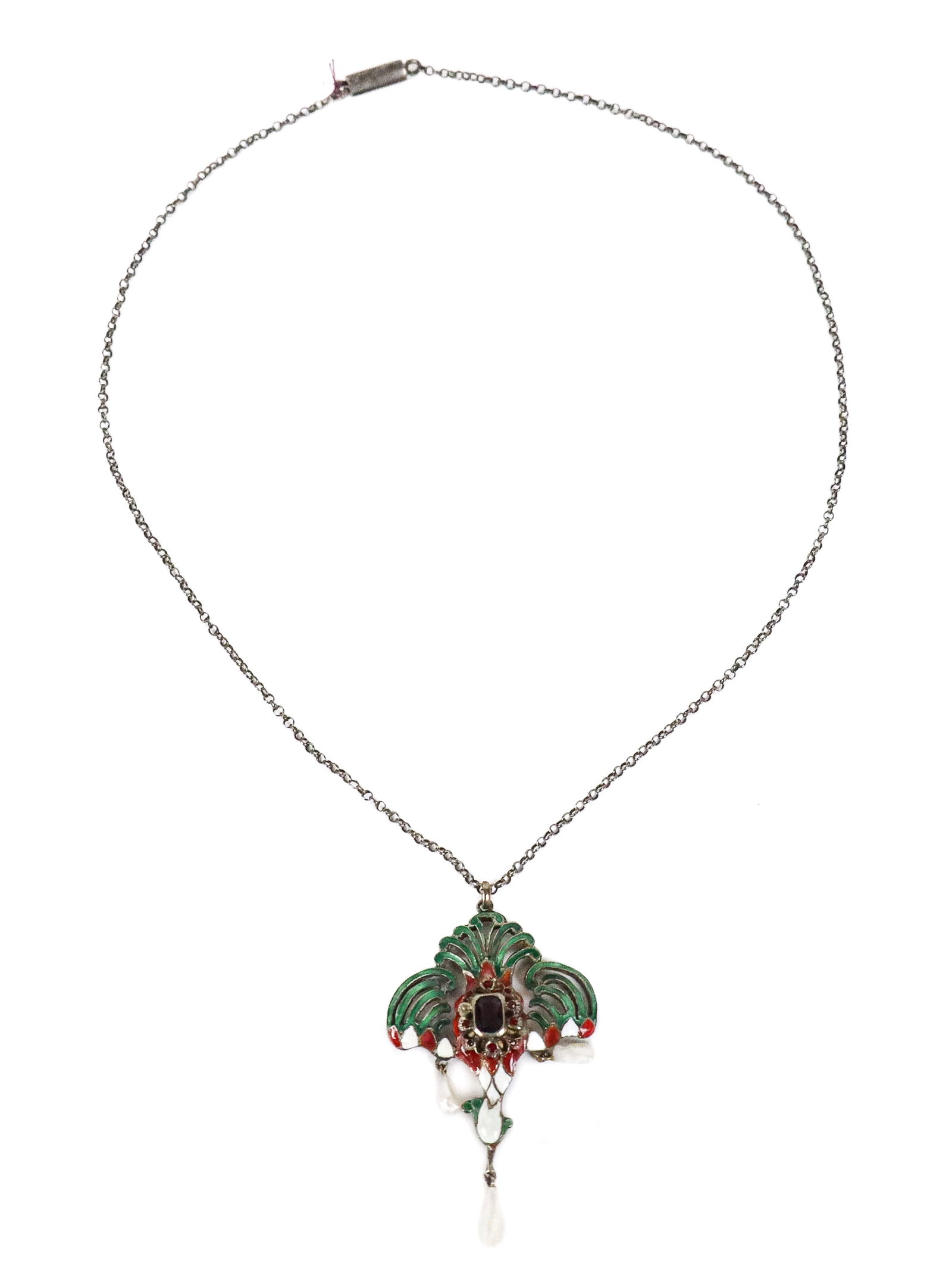 Art Nouveau Silver, Enamel & Gem Pendant w/ Chain: Art Nouveau silver, enamel, fresh water pearl and gemstone feathered pendant with chain, accented with amethyst, fresh and red stones, unmarked. [0.5 ozt., Chain: 20" L]. Overall condition is fair, so