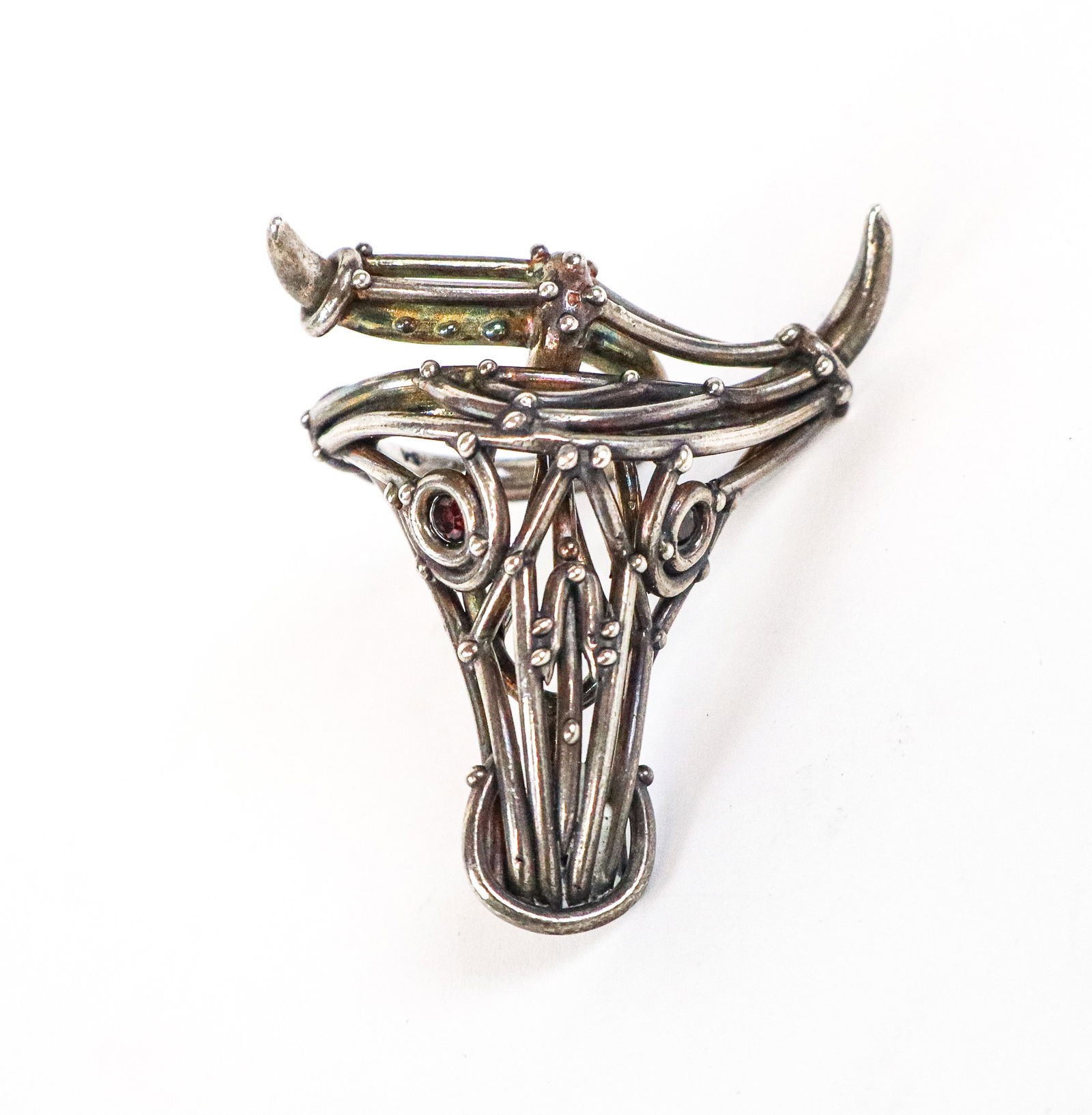 Val Stern Sterling Silver Taurus Ring: Val Stern sterling silver wire sculptural Taurus or Long Horn ring, marked 925 VS. [1.2 ozt., Ring size 9]. Overall condition is good, minor discoloration and tarnished.